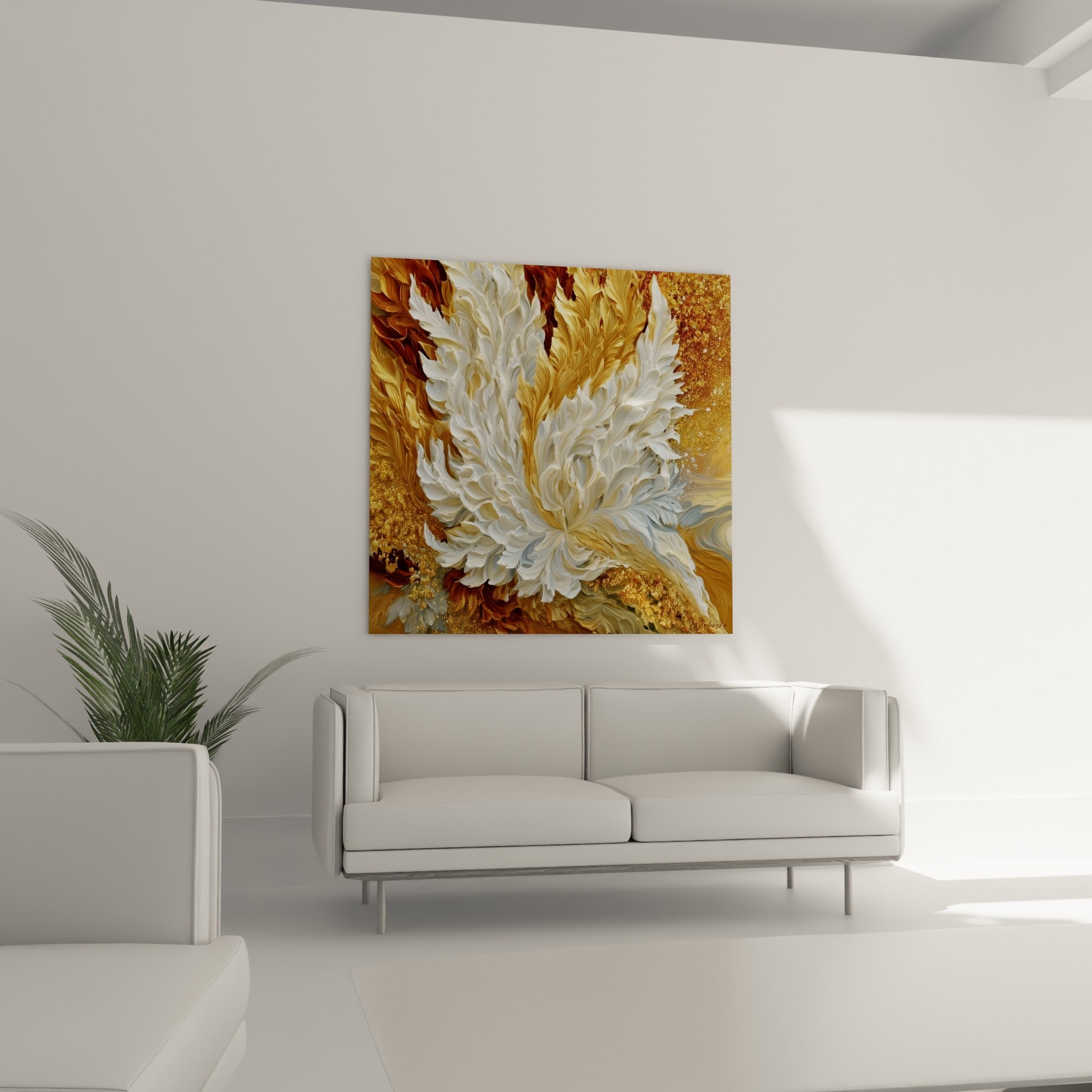 Fleur ivoire et bordeaux en relief, œuvre accrochée au-dessus d'un canapé dans un salon lumineux