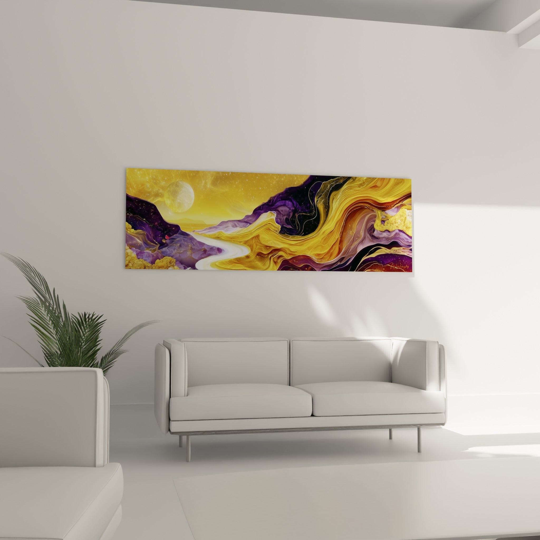 Fleuve blanc serpentant entre reliefs ocre et pourpre, tableau artistique abstrait au-dessus d'un canapé dans un salon lumineux