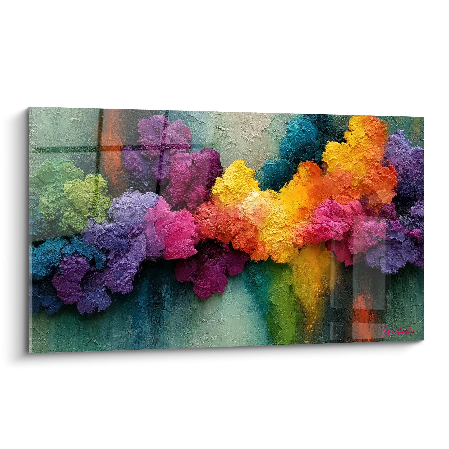 Tableau artistique abstrait floral mauve, jaune doré et turquoise en relief texturé au couteau