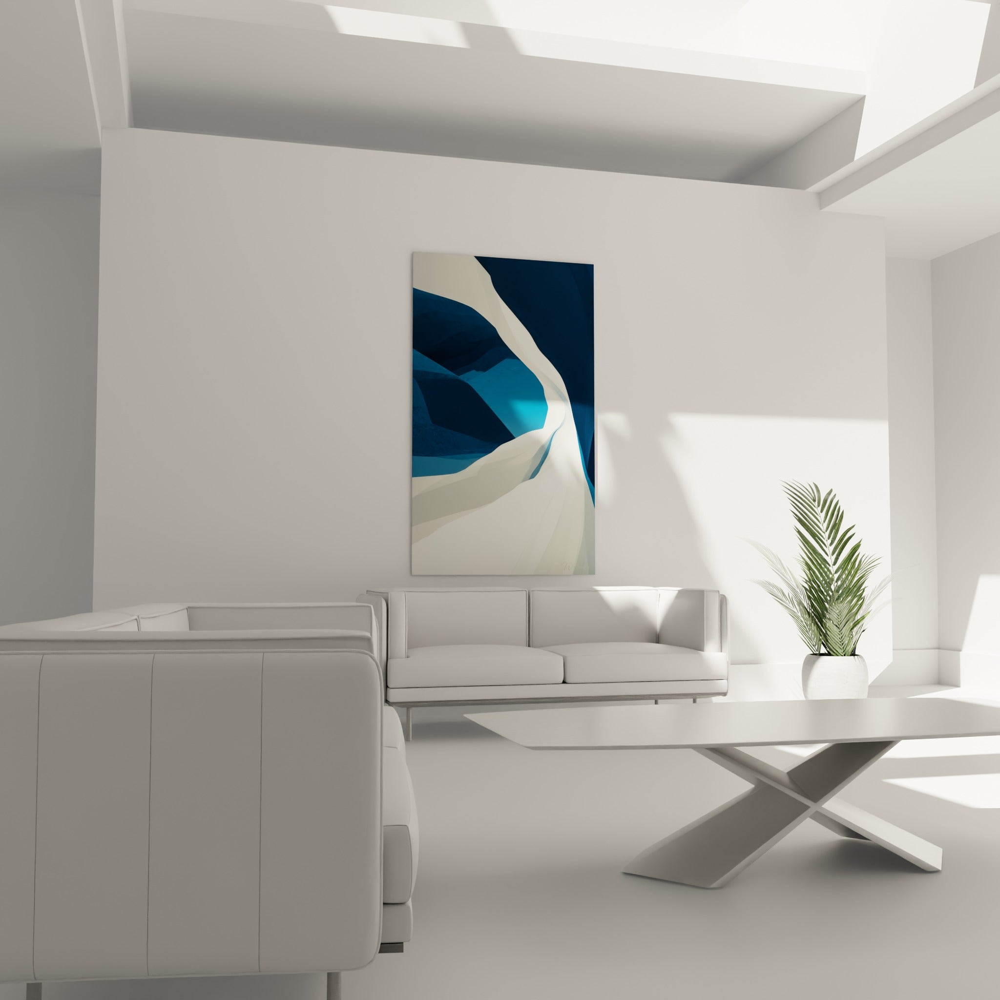 Courbe blanche fluide contrastant avec des aplats bleu turquoise, au-dessus d'un canapé dans un salon lumineux