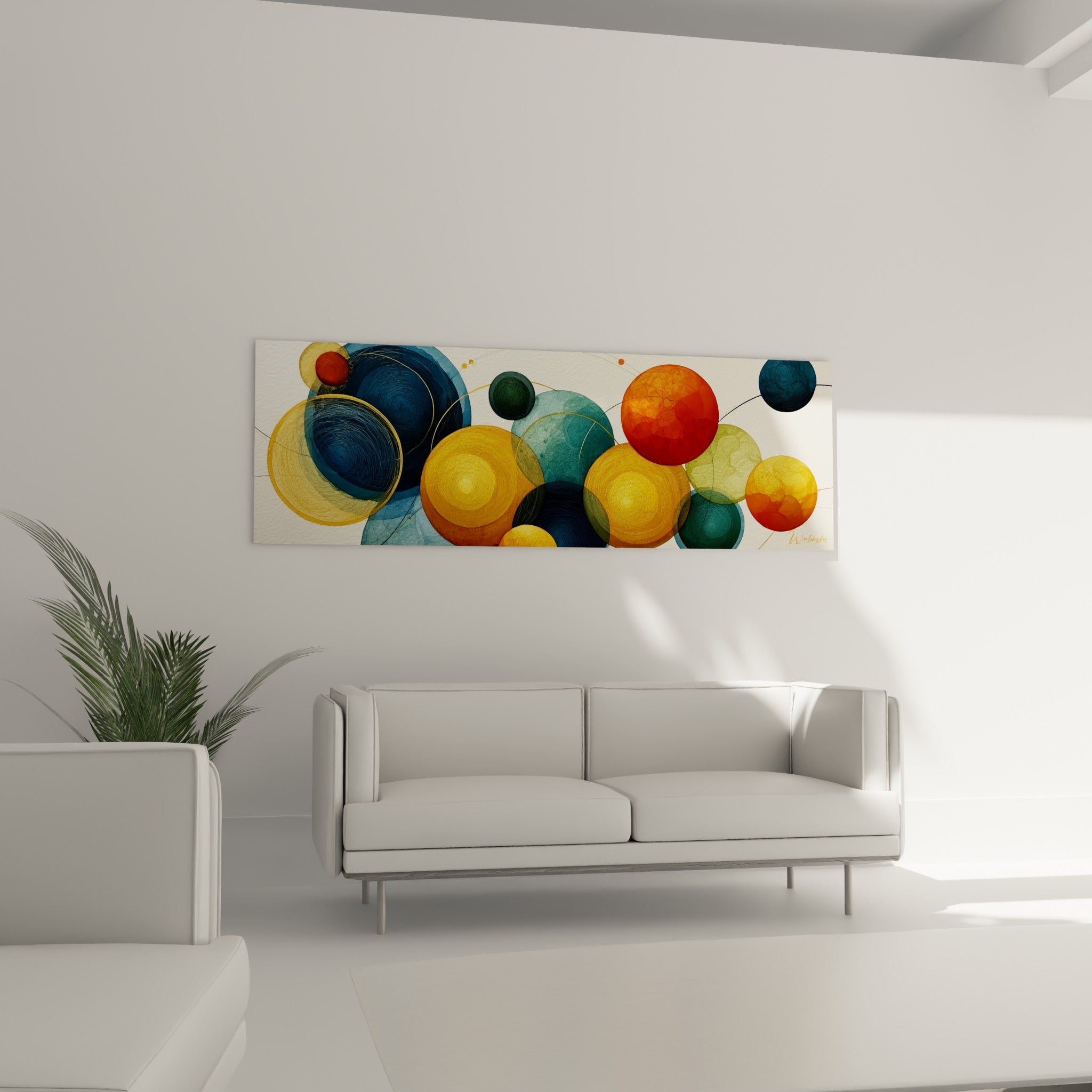 Formes rondes ocre et orange vif juxtaposées, placées au-dessus d'un canapé dans un salon lumineux