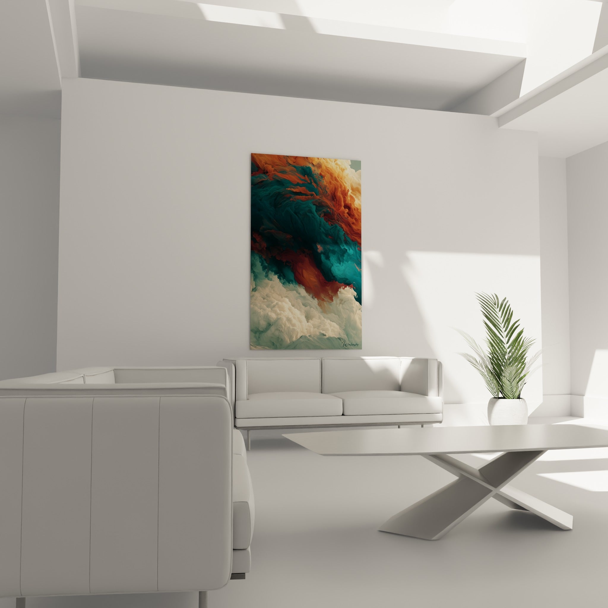 Formes tourmentées terracotta et sarcelle d'une œuvre abstraite au-dessus d'un canapé dans un salon lumineux