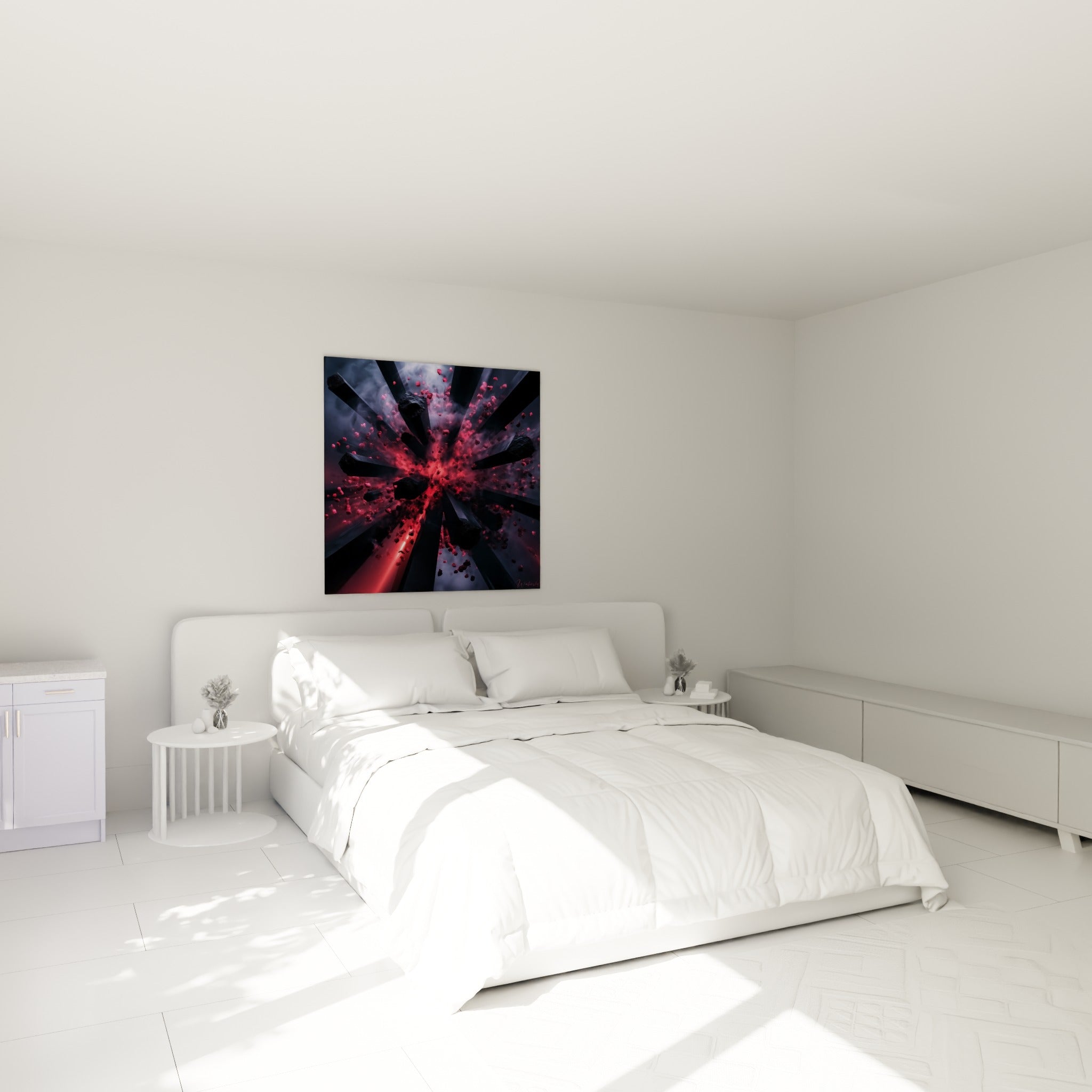 Fragments anthracite dispersés autour d'une lueur rouge incandescente, au-dessus d'un lit dans une chambre claire