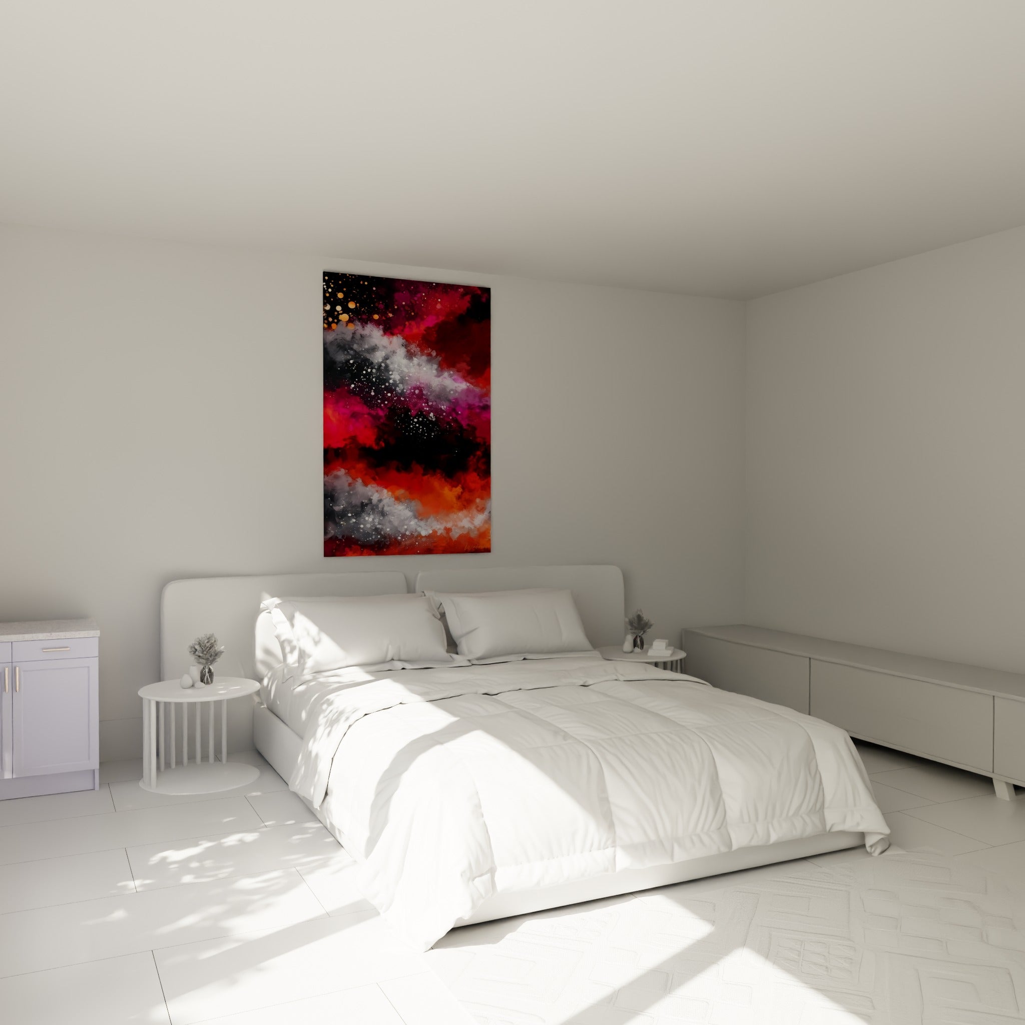 Volutes rouges et magenta d'une nébuleuse abstraite au-dessus d'un lit dans une chambre claire