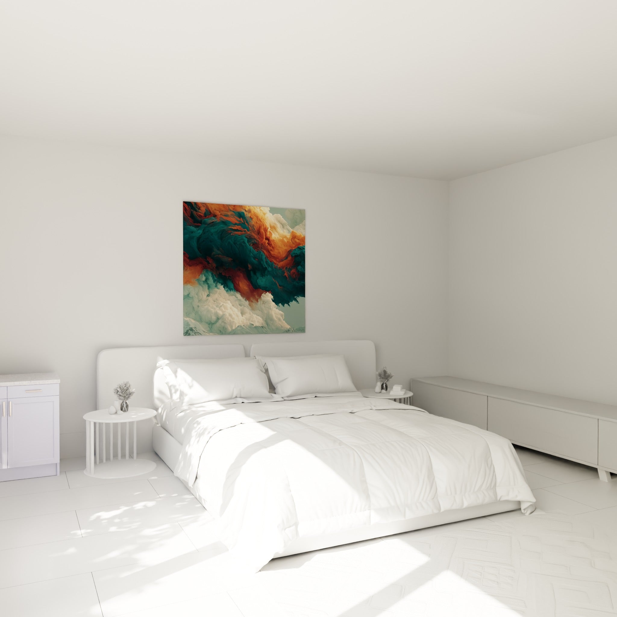 Fumées cuivrées et sarcelle profondes, tableau accroché au-dessus d'un lit dans une chambre claire