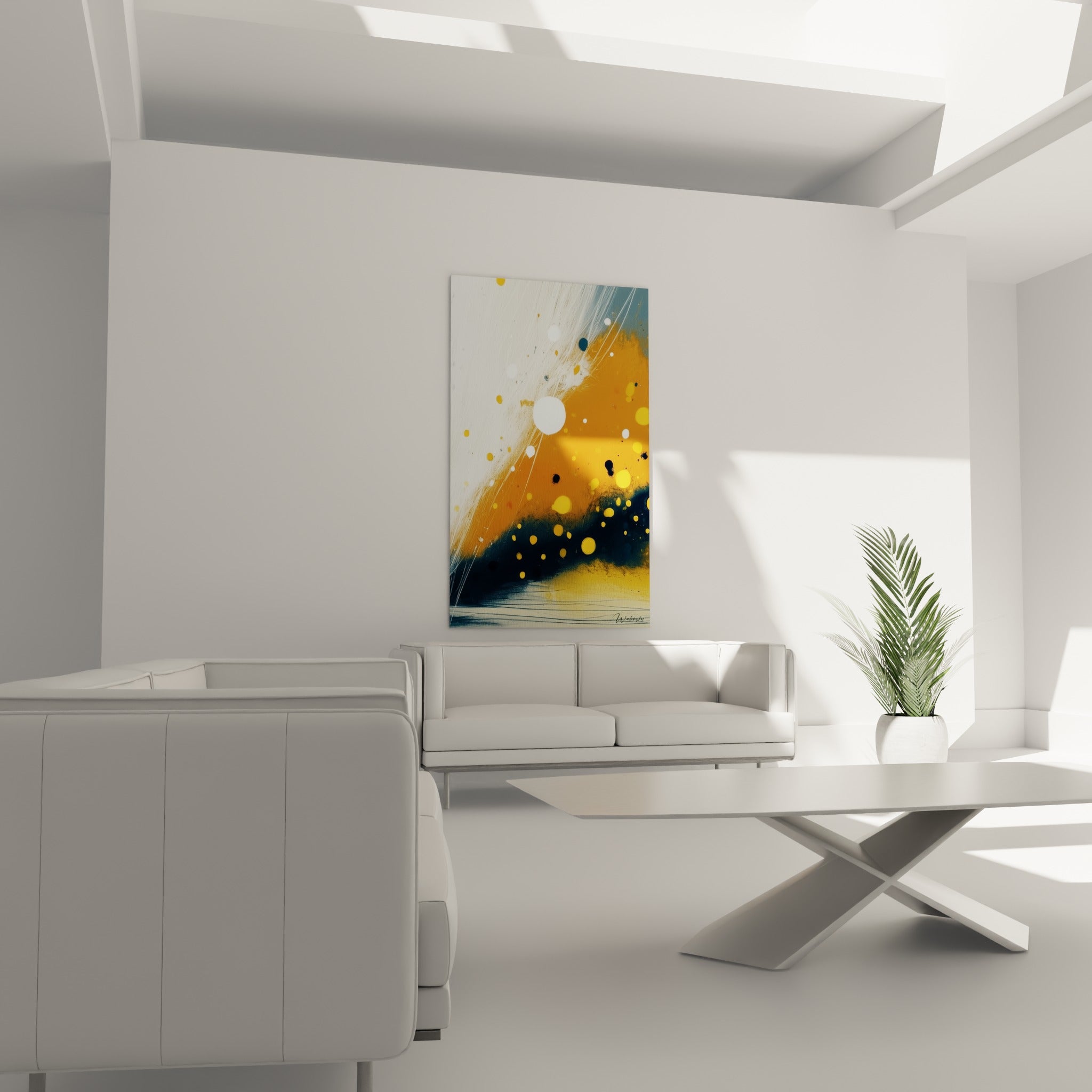 Diagonale dorée et griffures blanches sur fond anthracite, œuvre accrochée dans un salon lumineux