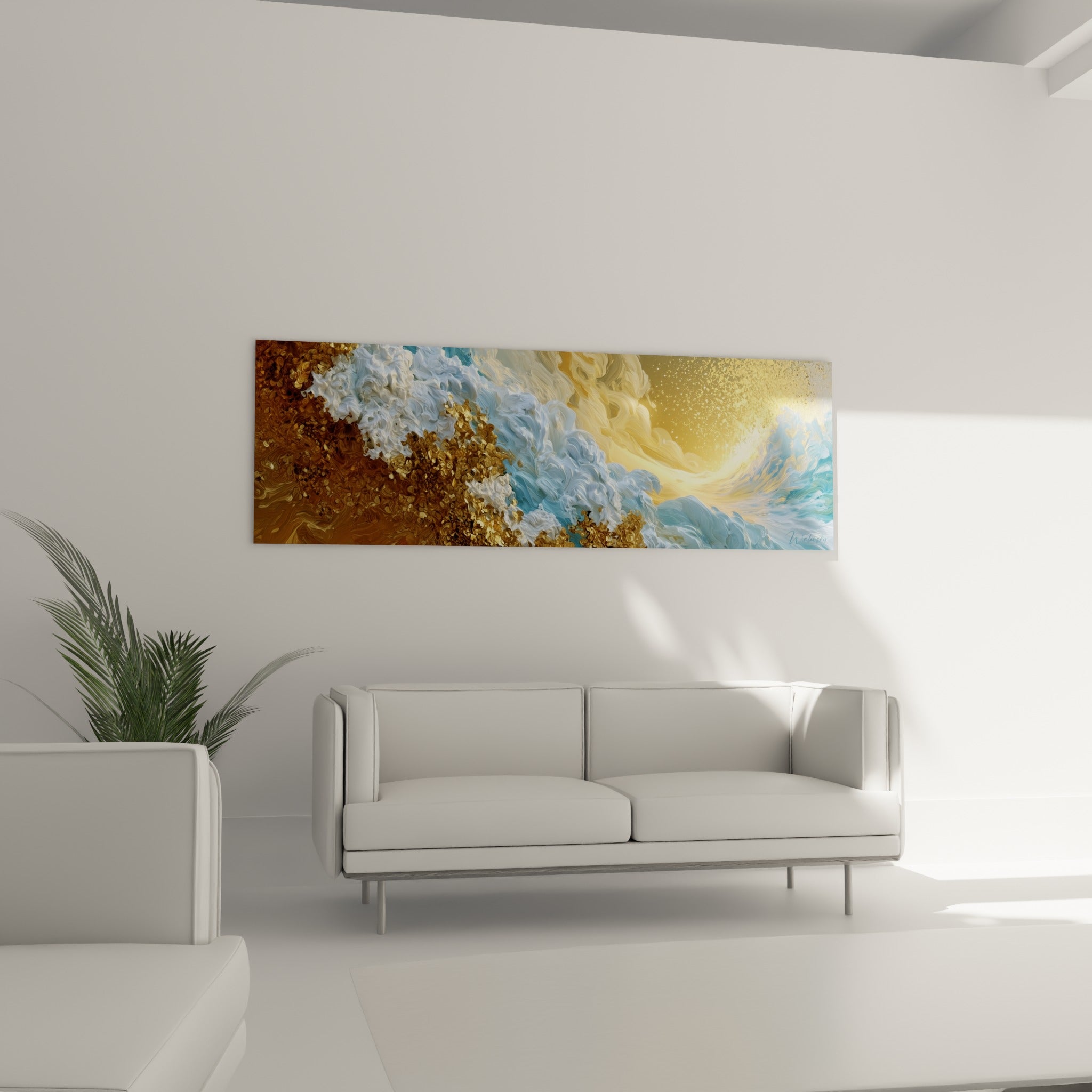 Volutes marines dorées et bleu pastel en pleine houle, au-dessus d'un canapé dans un salon lumineux