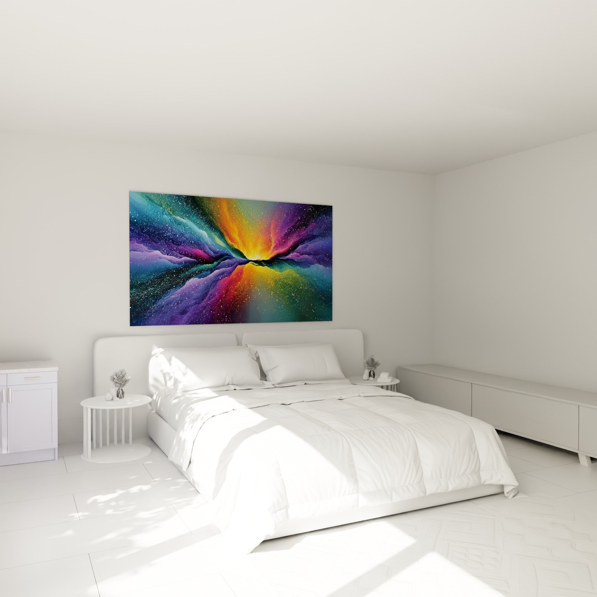 Éclat orangé traversant un tourbillon violet et bleu marine, accroché au-dessus d'un lit dans une chambre claire