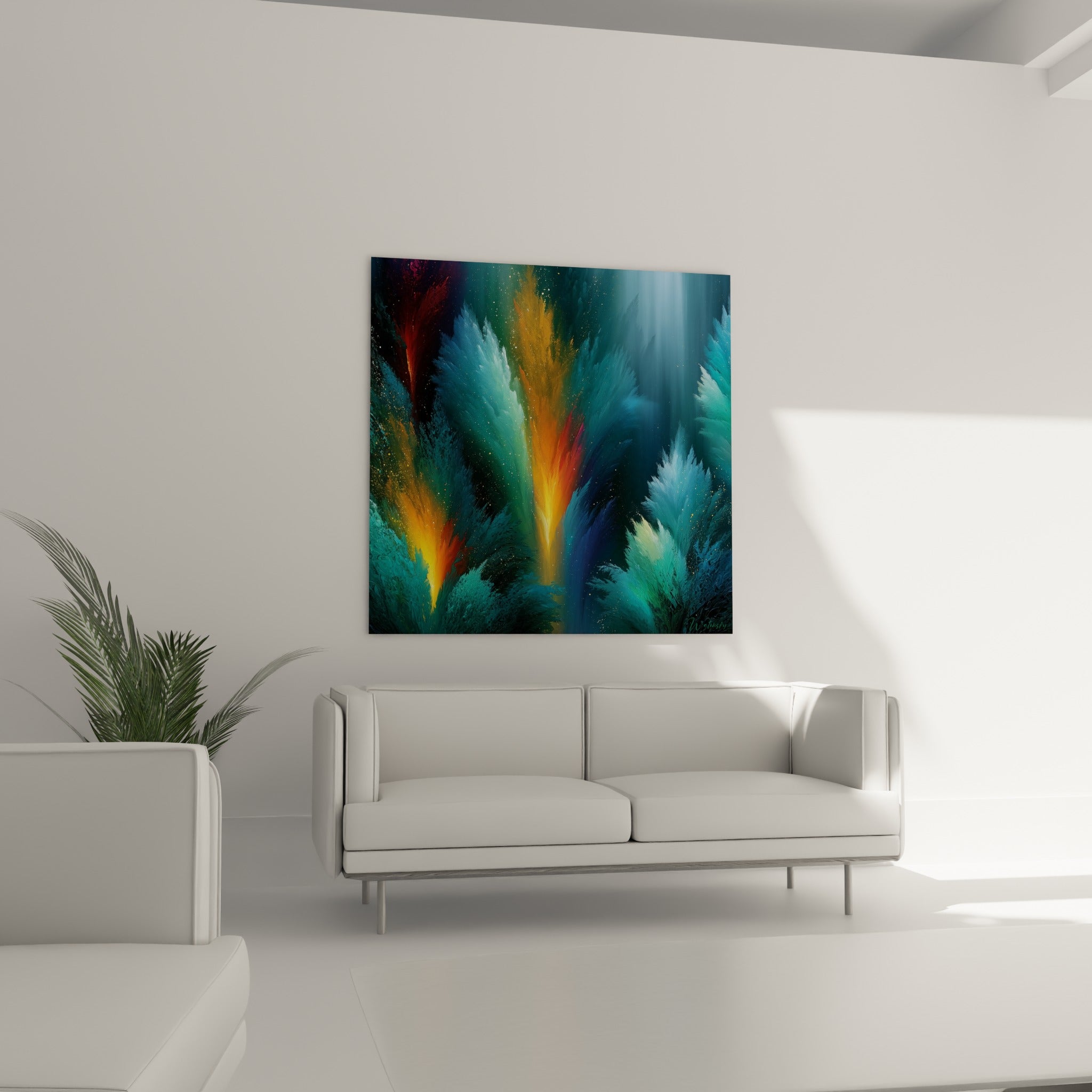 Jaillissements dorés sur fond turquoise animent ce tableau, au-dessus d'un canapé dans un salon lumineux