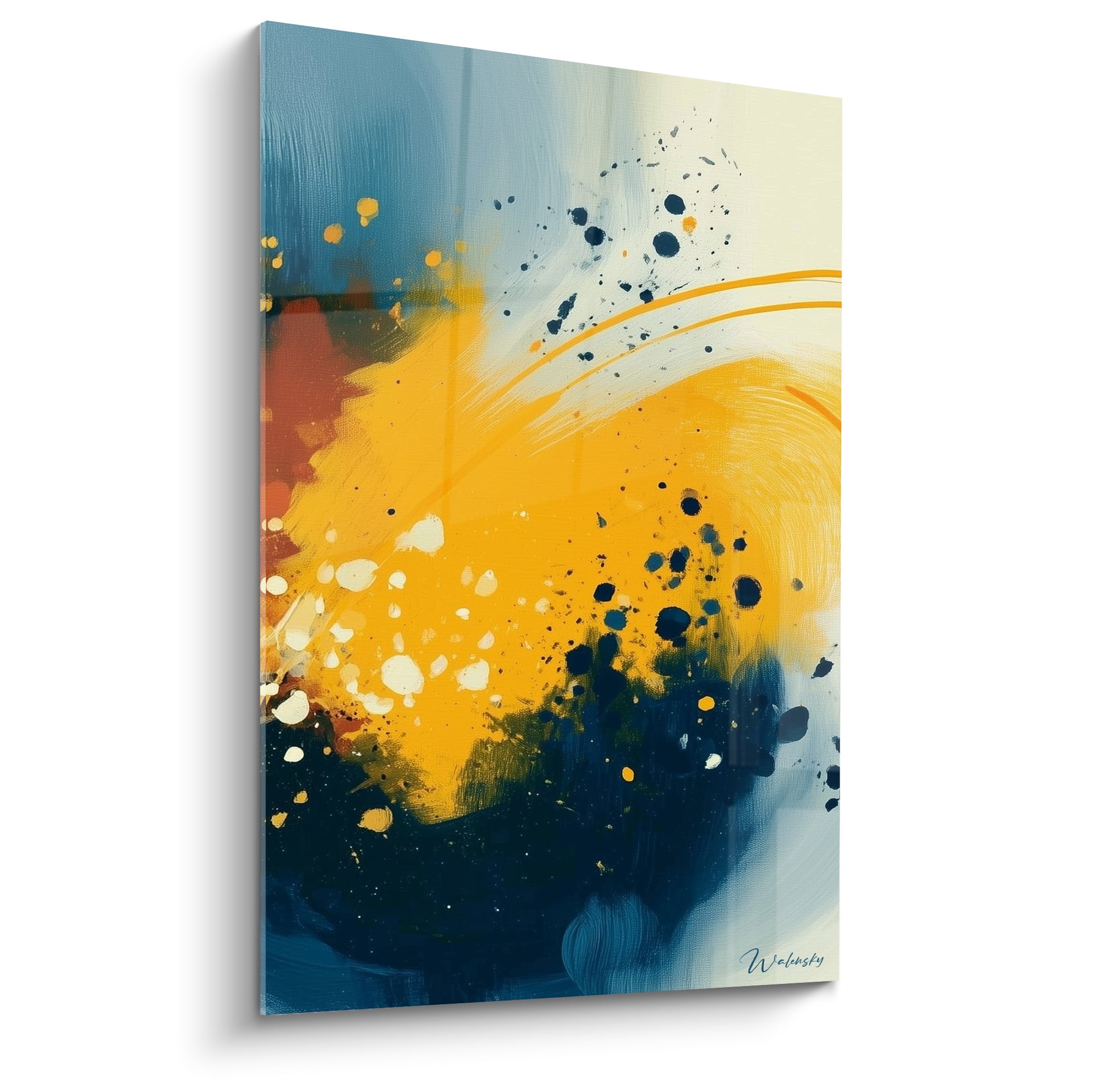 Éclaboussures jaune doré et bleu marine sur toile artistique abstrait, coulures et texture picturale visibles