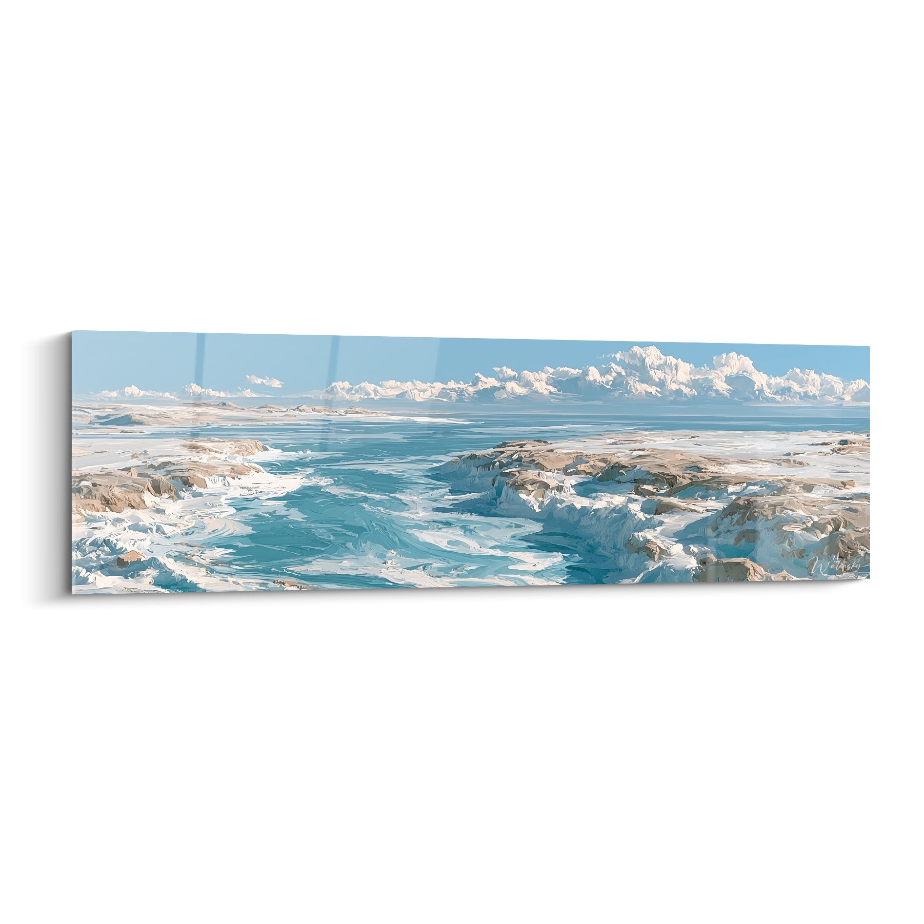 Lagon turquoise et falaises sable en tableau panoramique côtier peint à larges touches picturales