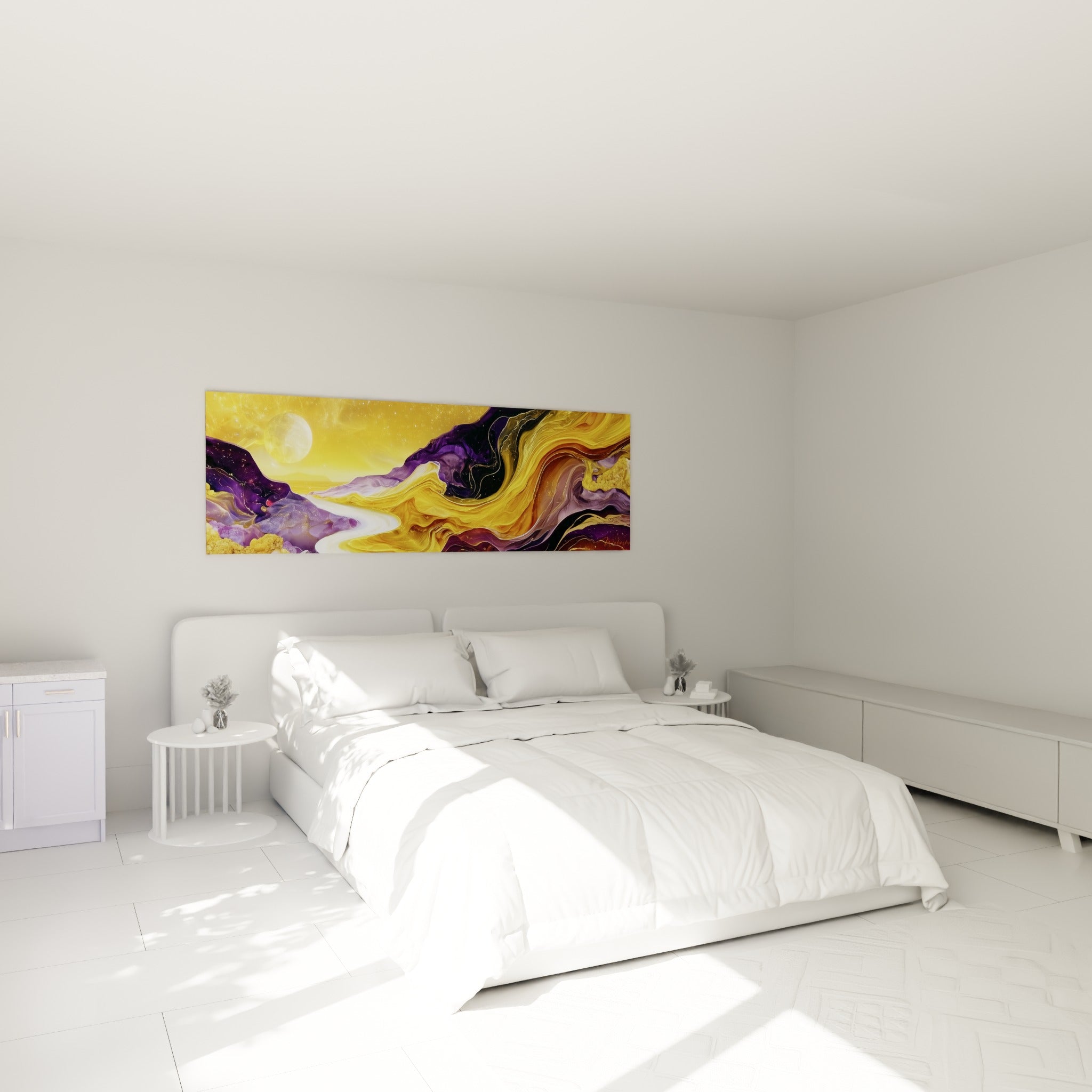 Paysage doré et violet tourbillonnant, tableau artistique abstrait accroché au-dessus d'un lit dans une chambre claire