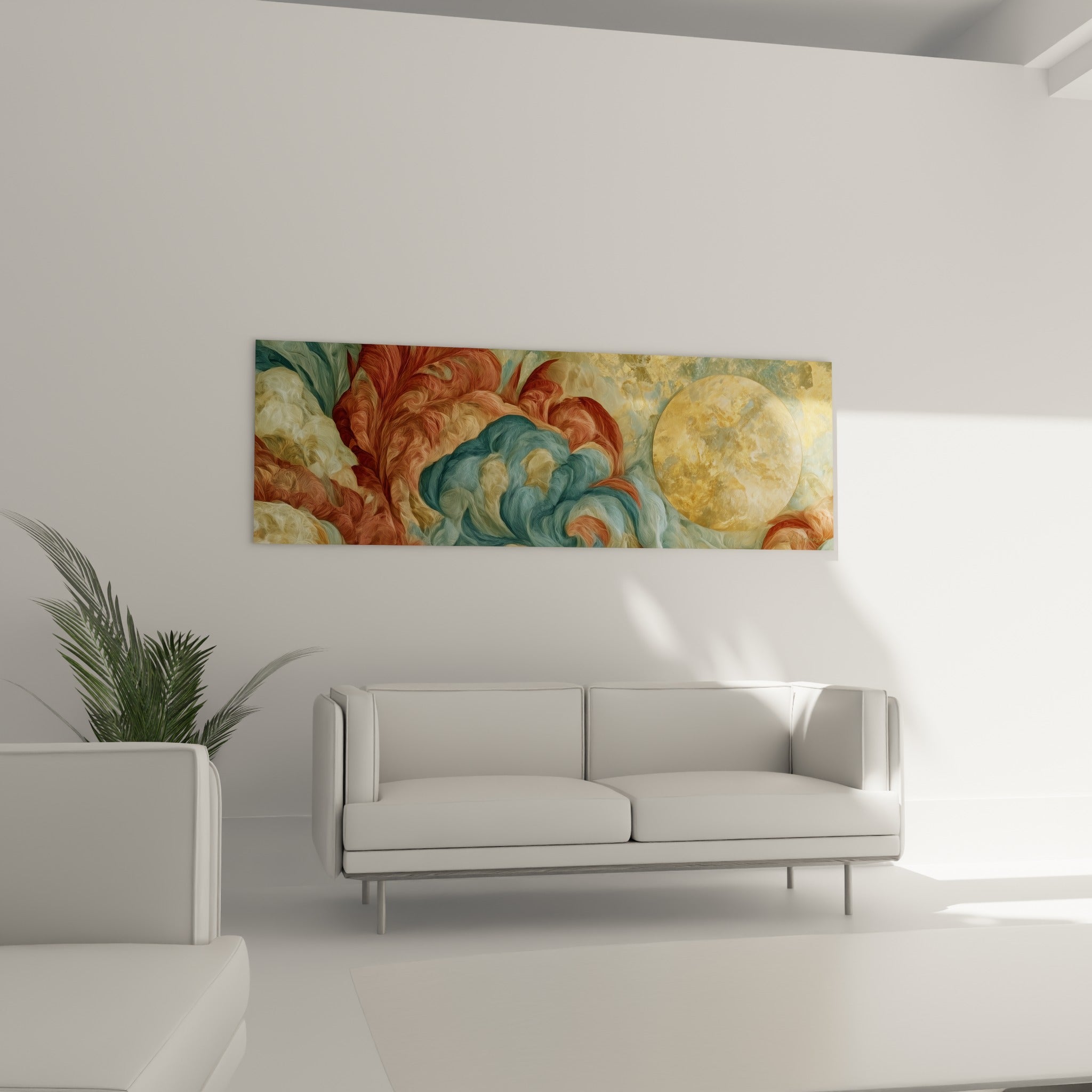 Nuages bleu sarcelle et lune dorée artistique abstrait au-dessus d'un canapé dans un salon lumineux