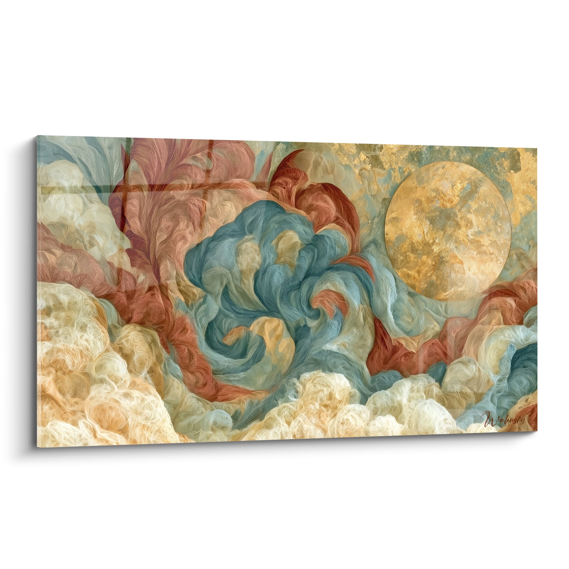 Lune dorée entourée de vagues bleu sarcelle et terracotta, tableau artistique abstrait en plein cadre
