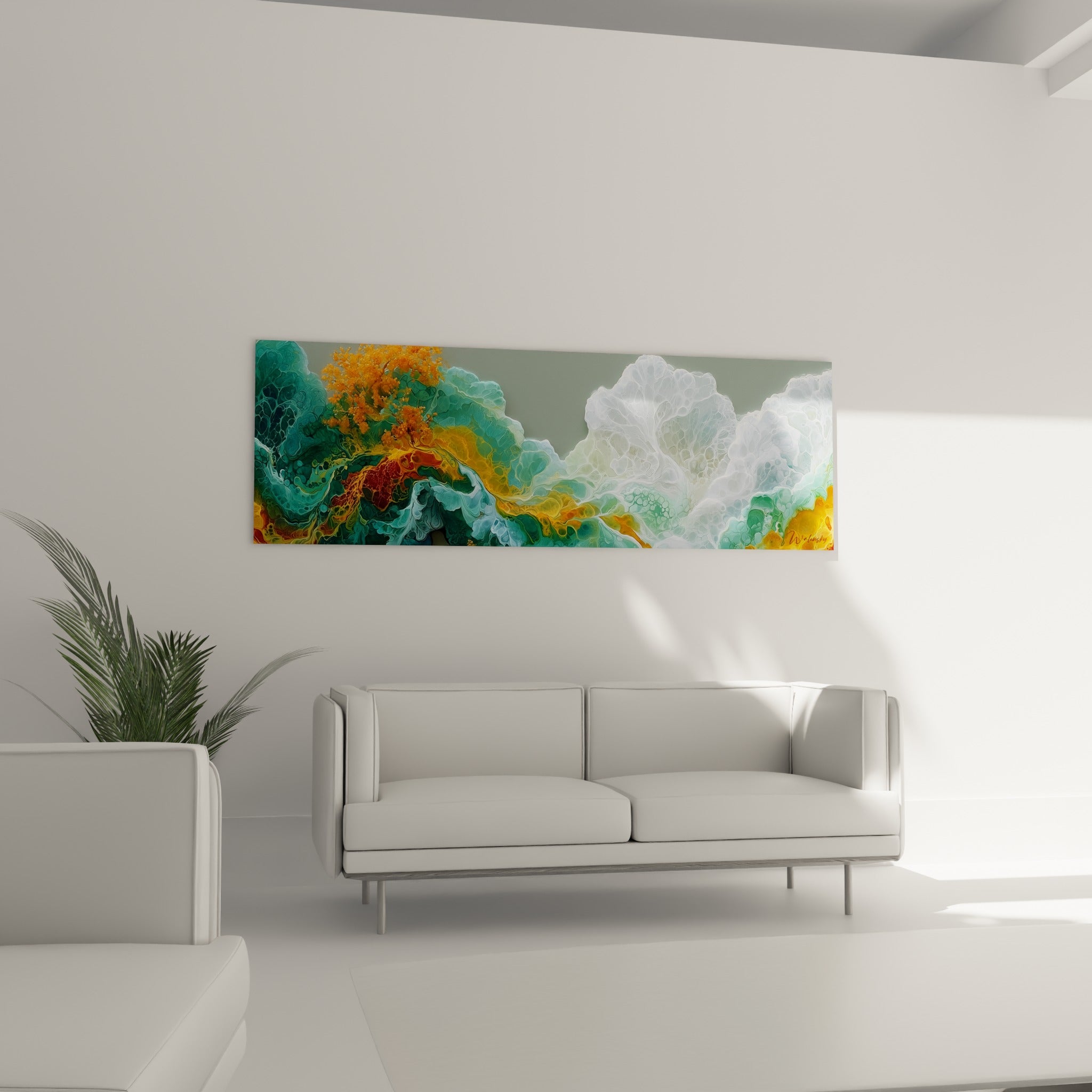 Marbrures vert émeraude et cuivré de cette composition fluide, au-dessus d'un canapé dans un salon lumineux