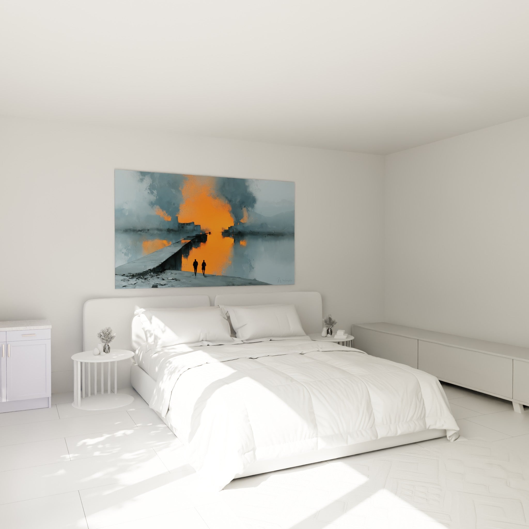 Deux silhouettes face à l'orange incandescent, tableau accroché au-dessus d'un lit dans une chambre claire