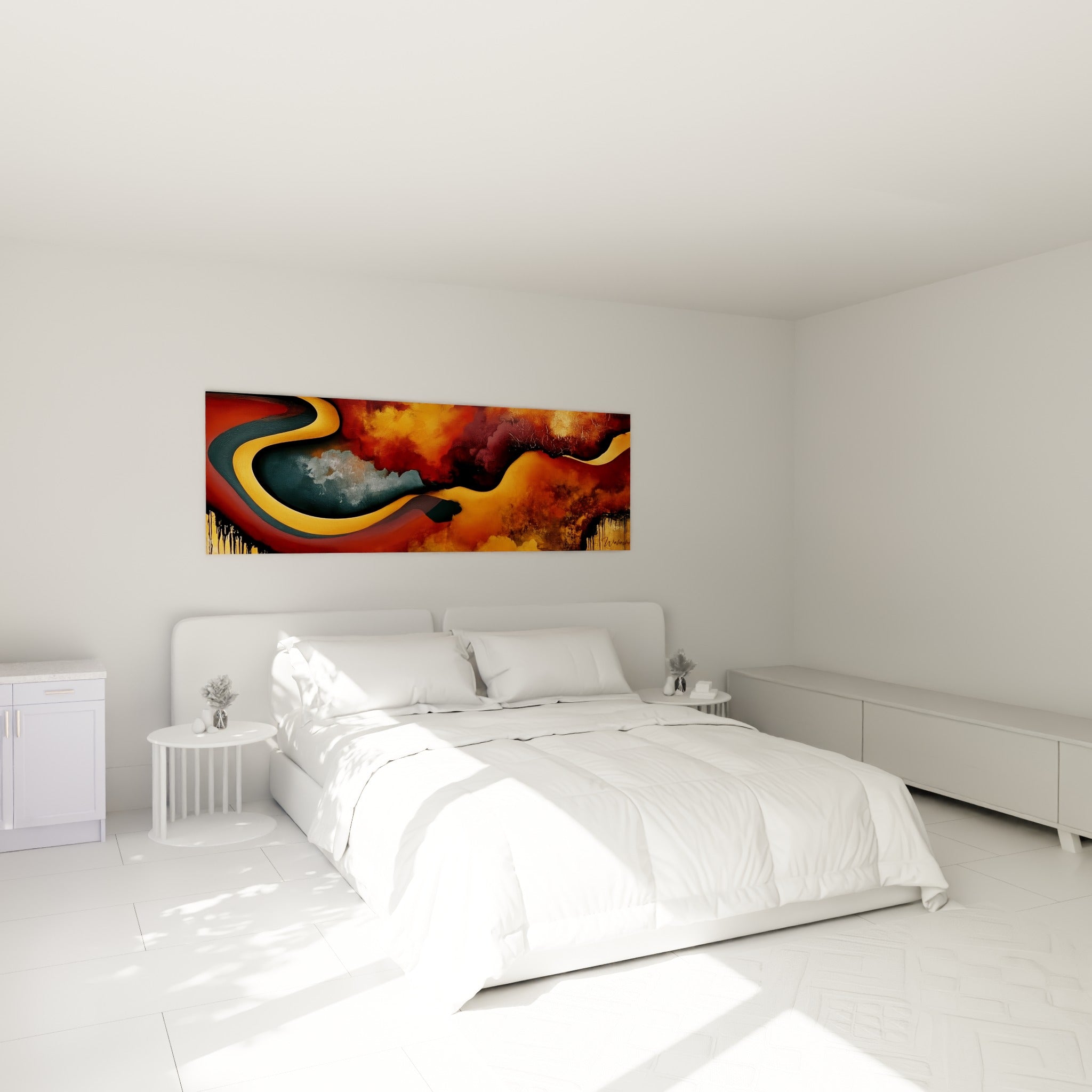 Rivière dorée sinueuse entre teintes anthracite et bordeaux, tableau accroché au-dessus d'un lit dans une chambre claire
