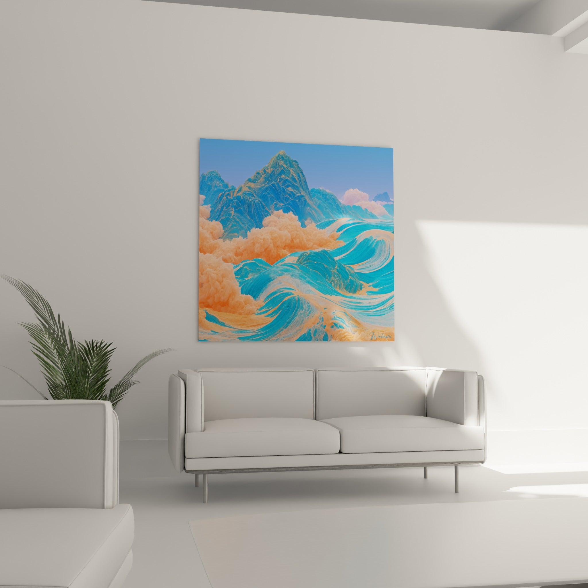 Composition marine turquoise et pêche aux courbes vives, disposée au-dessus d'un canapé dans un salon lumineux