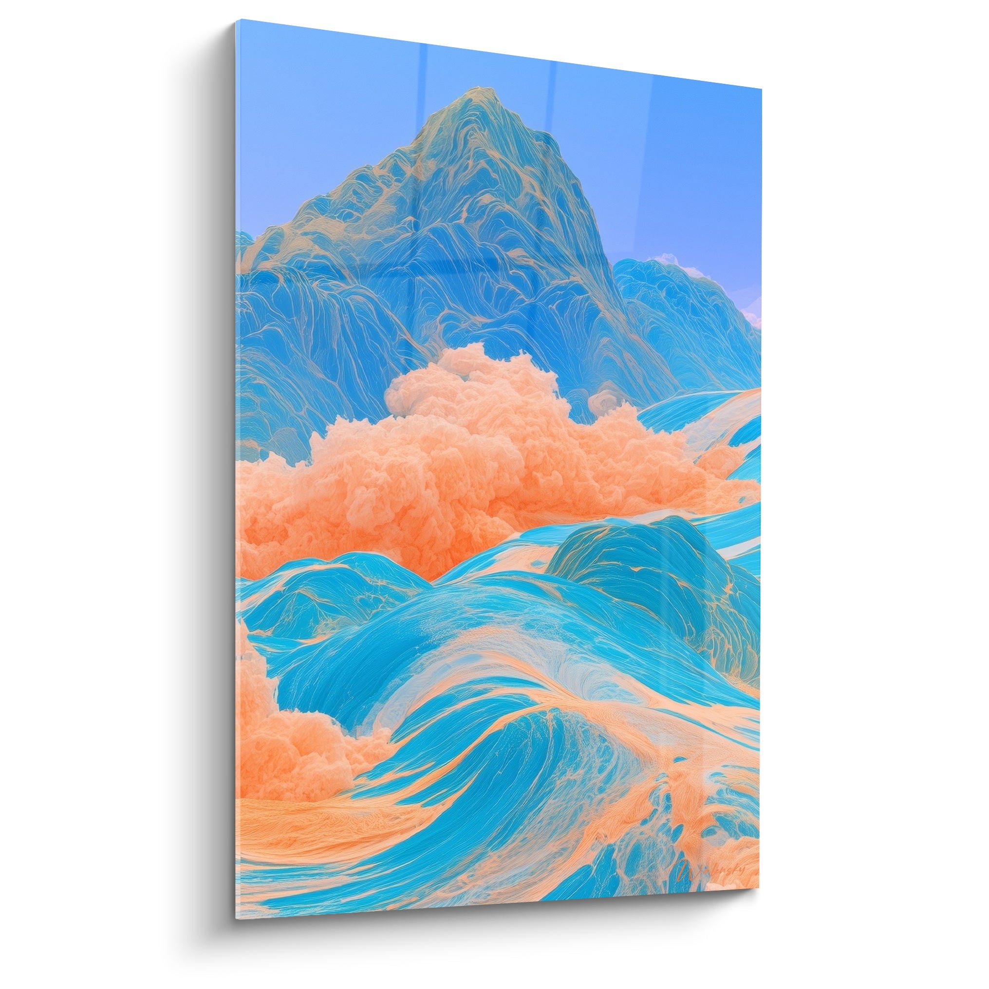 Montagne turquoise et nuages corail se déploient en vagues fluides sur cette œuvre abstraite