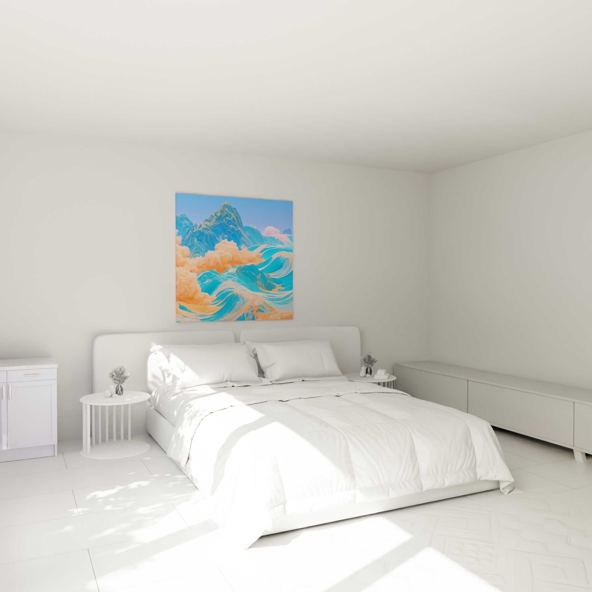 Vagues bleu turquoise et nuages orangés en mouvement, accrochées au-dessus d'un lit dans une chambre claire