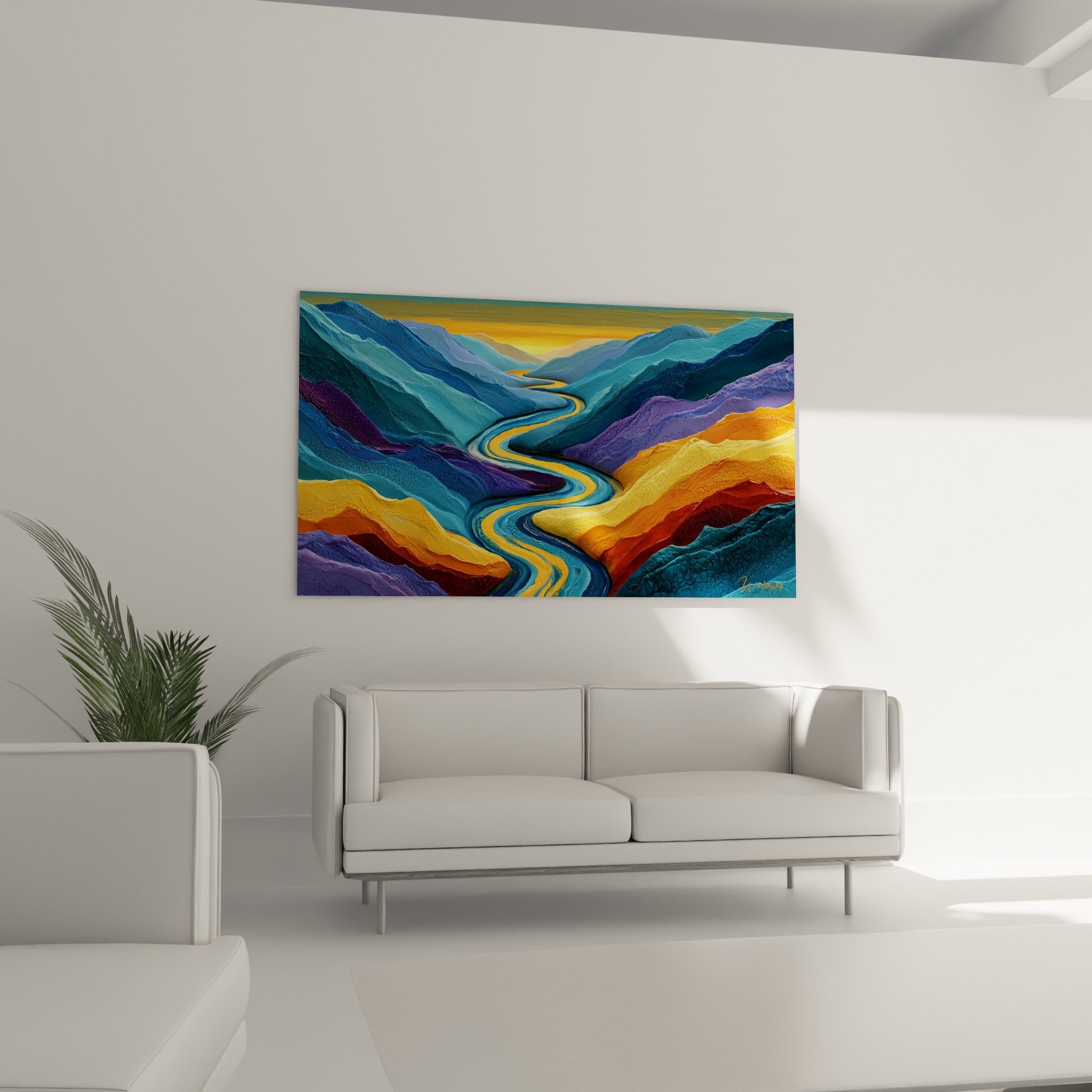 Vallée aux couleurs contrastées bleu profond et terracotta, disposée au-dessus d'un canapé dans un salon lumineux