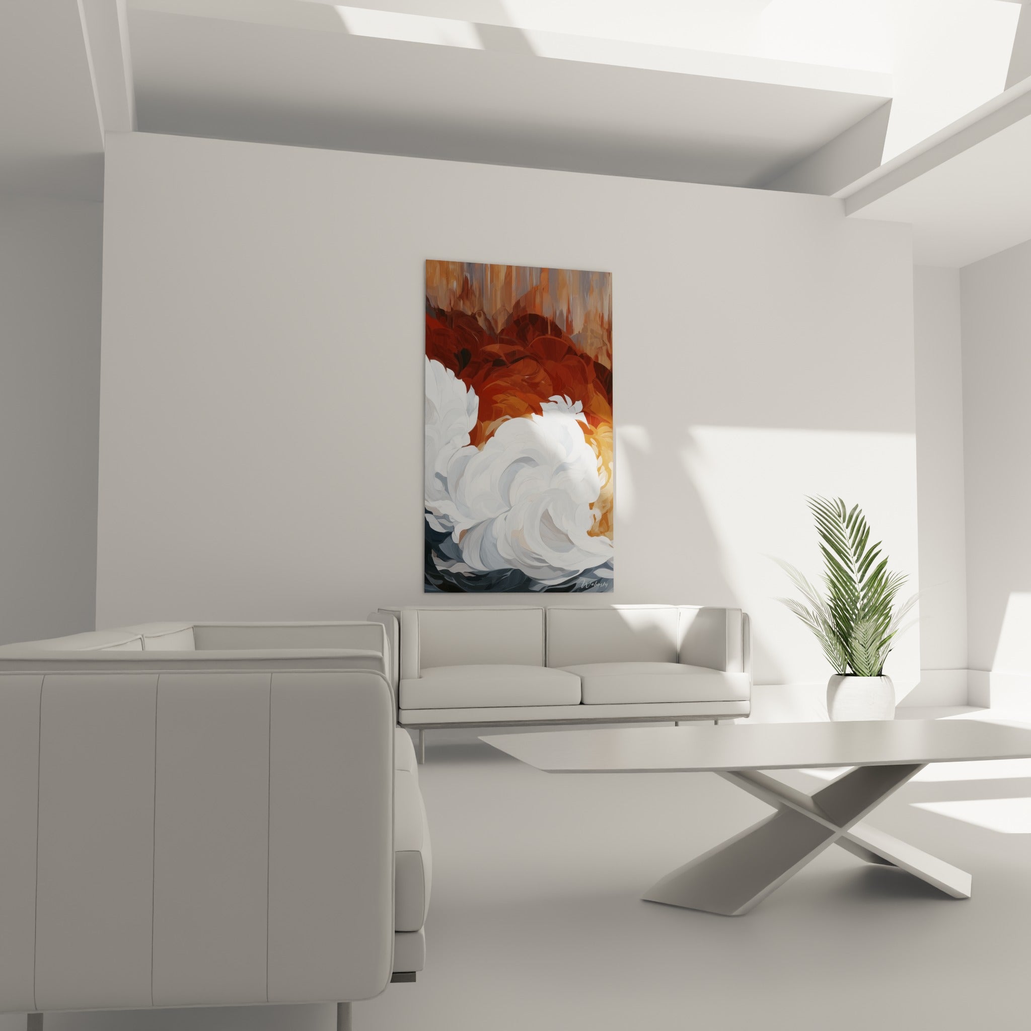 Mouvement d'eau blanche et gris anthracite contre une roche rouge, au-dessus d'un canapé dans un salon lumineux