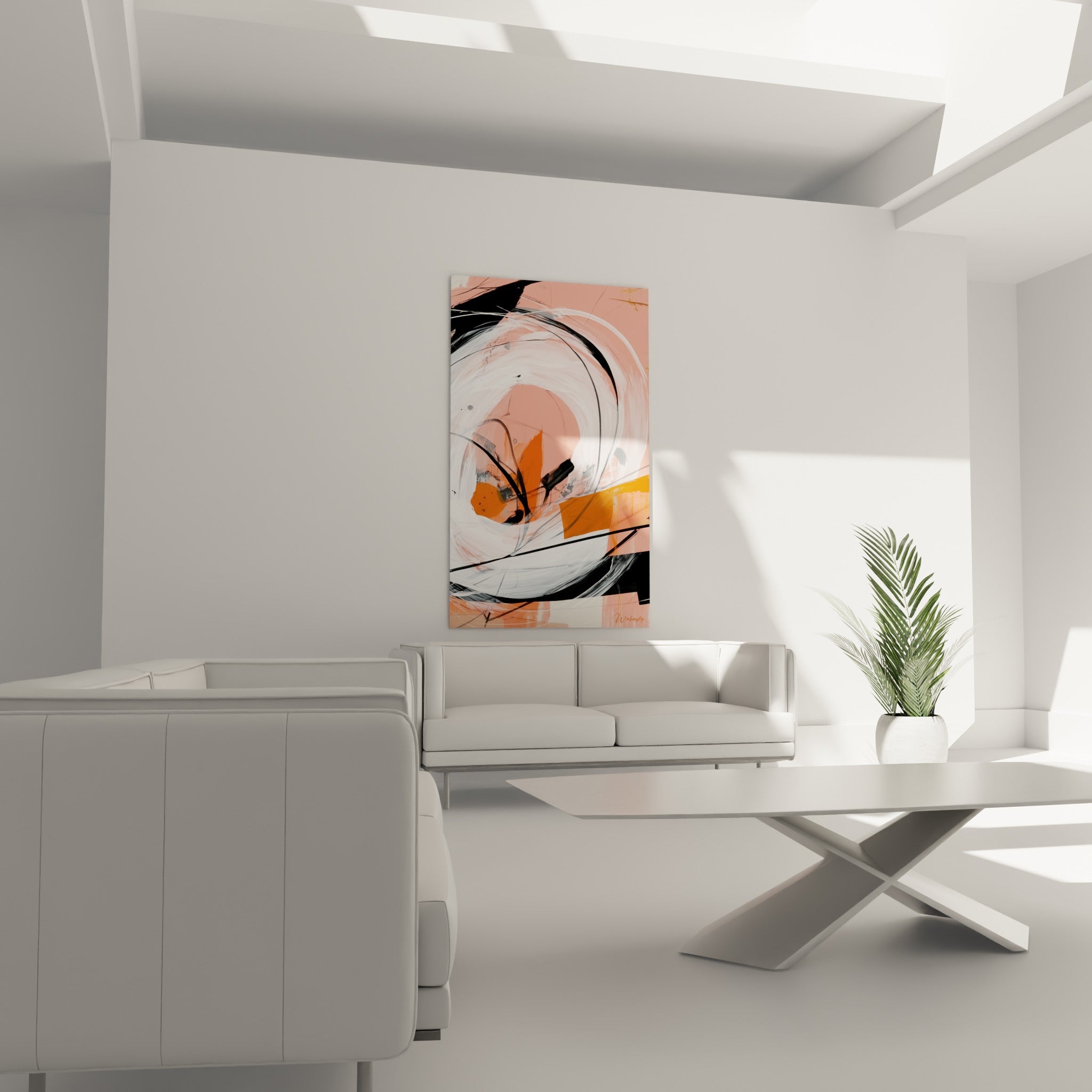 Mouvement circulaire corail et noir, touches d'orange vif, au-dessus d'un canapé dans un salon lumineux