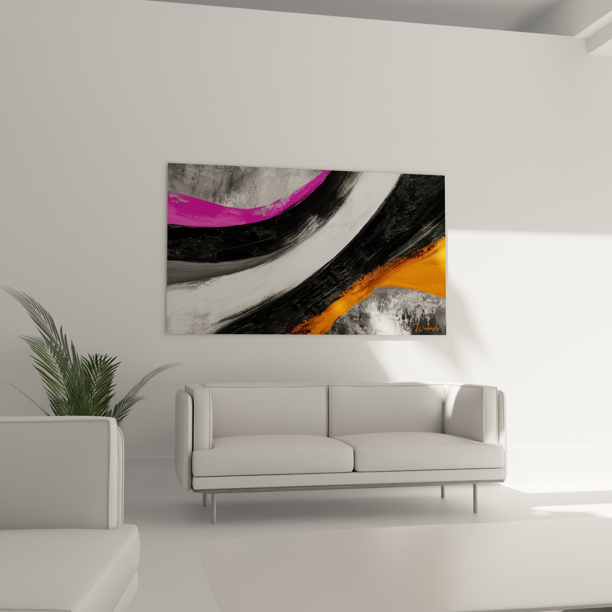 Mouvement circulaire noir et magenta de ce tableau artistique abstrait au-dessus d'un canapé dans un salon lumineux