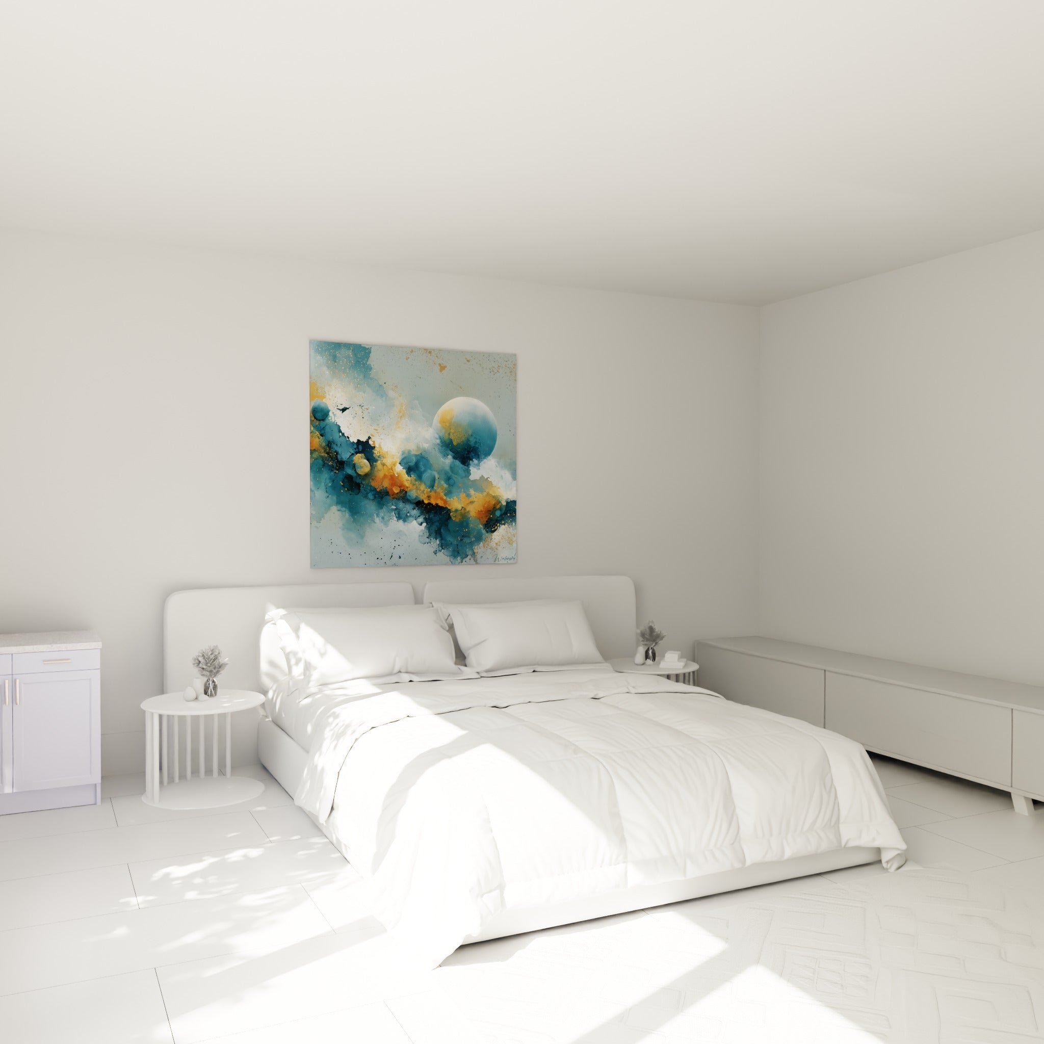 Nébuleuse bleu pastel et orange brûlé au-dessus d'un lit dans une chambre claire