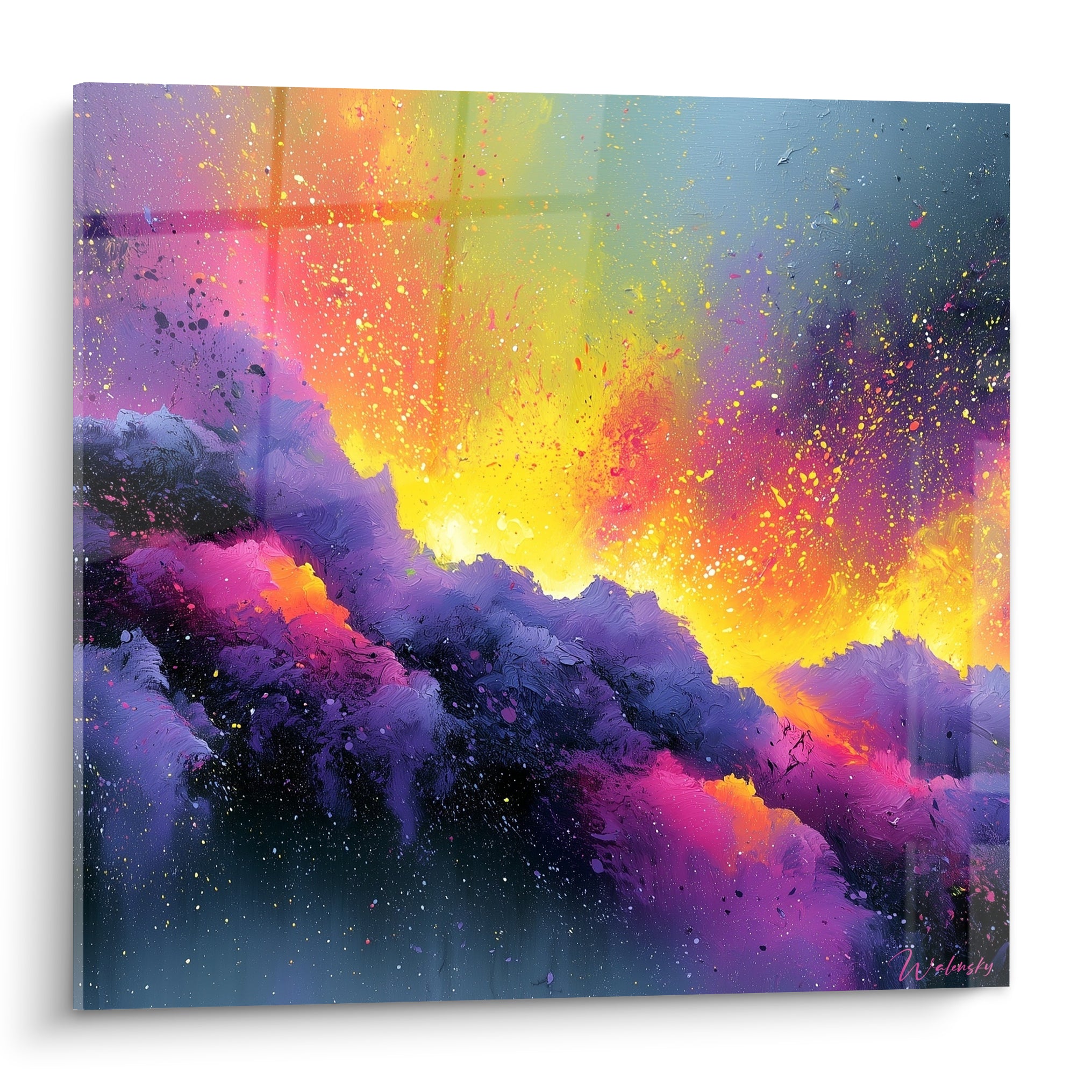 Nébuleuse violette et dorée en pleine explosion picturale, empâtements texturés et éclats magenta