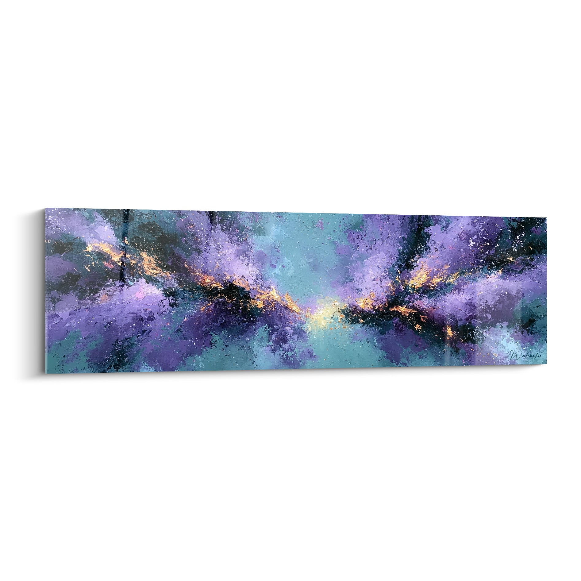 Nébuleuse violette et turquoise traversée d'une lueur dorée, empâtements texturés en toile abstraite
