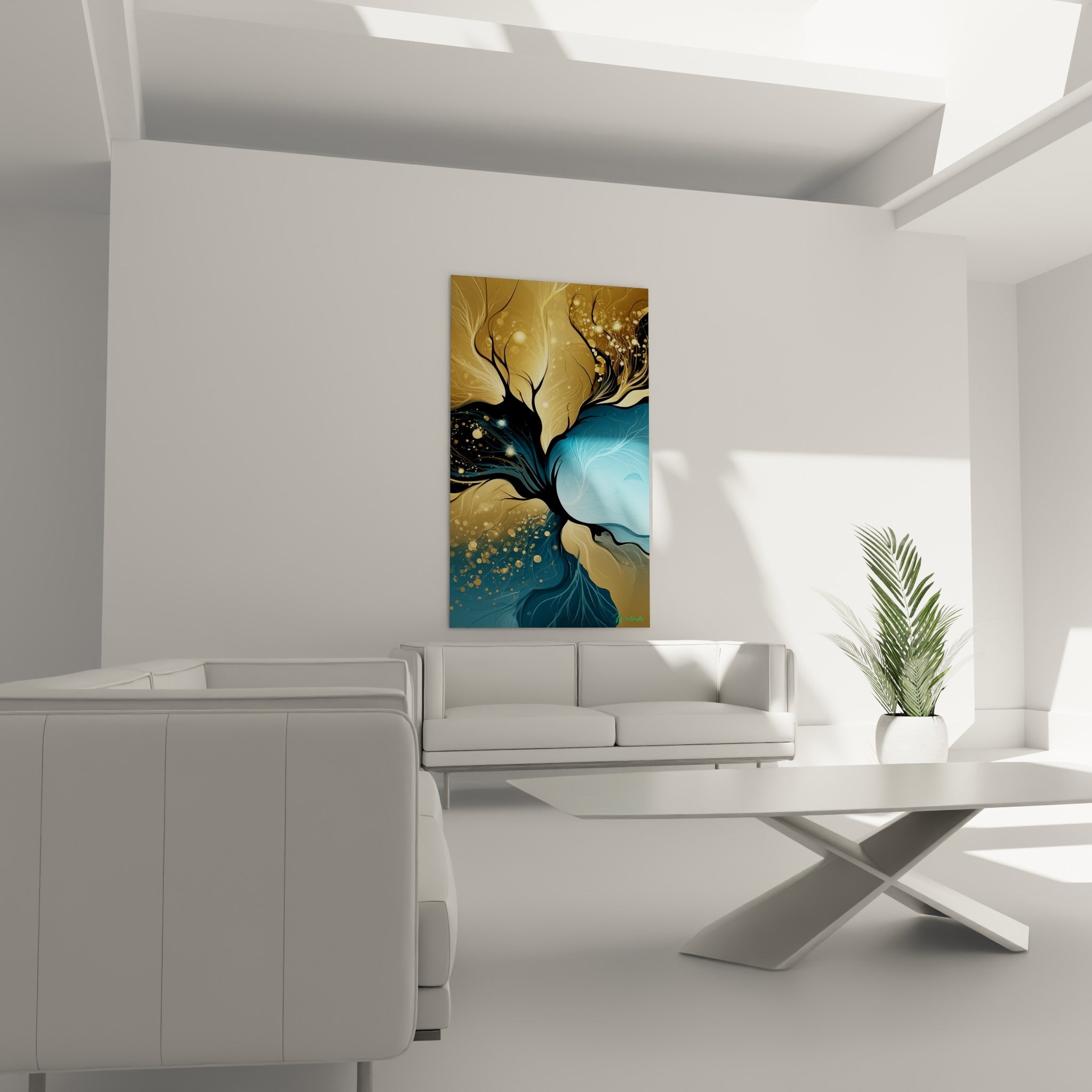 Silhouette d'arbre doré et bleu pastel aux nervures fines, au-dessus d'un canapé dans un salon lumineux