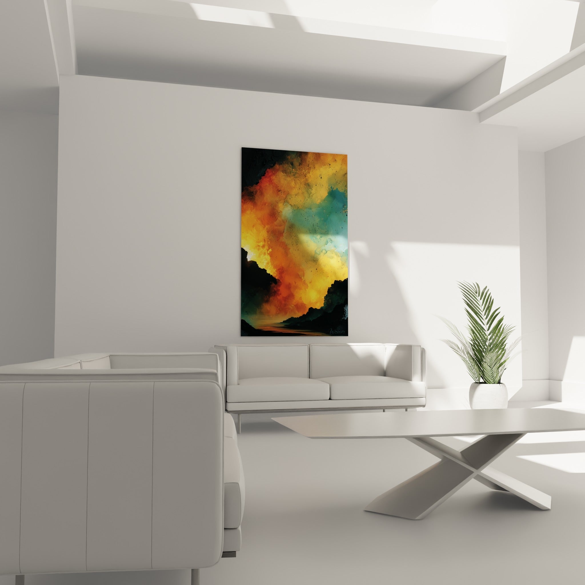 Nuage flamboyant doré et bleu profond au-dessus d'un canapé dans un salon lumineux