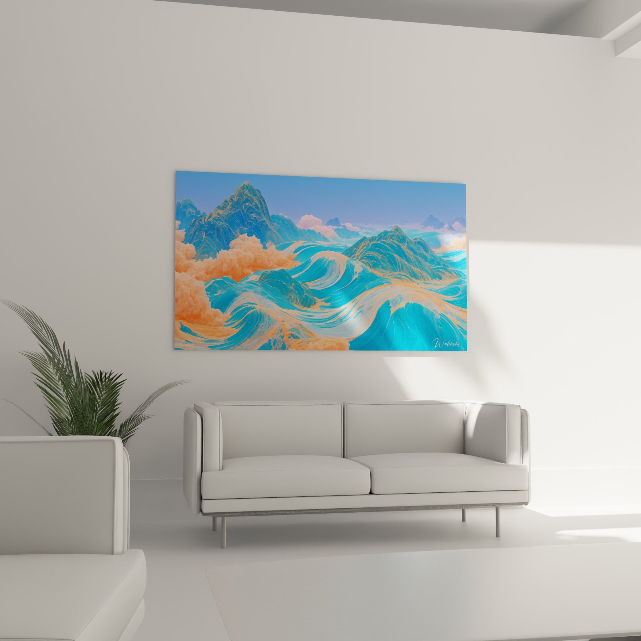 Crêtes turquoise et nuées orangées de ce tableau artistique abstrait au-dessus d'un canapé dans un salon lumineux