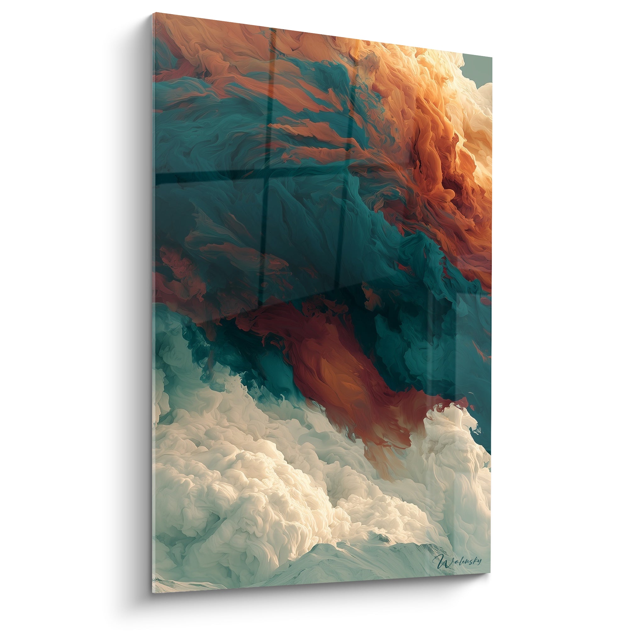 Nuages sarcelle et orangés se mêlant en volutes fluides sur cette œuvre artistique abstraite intense