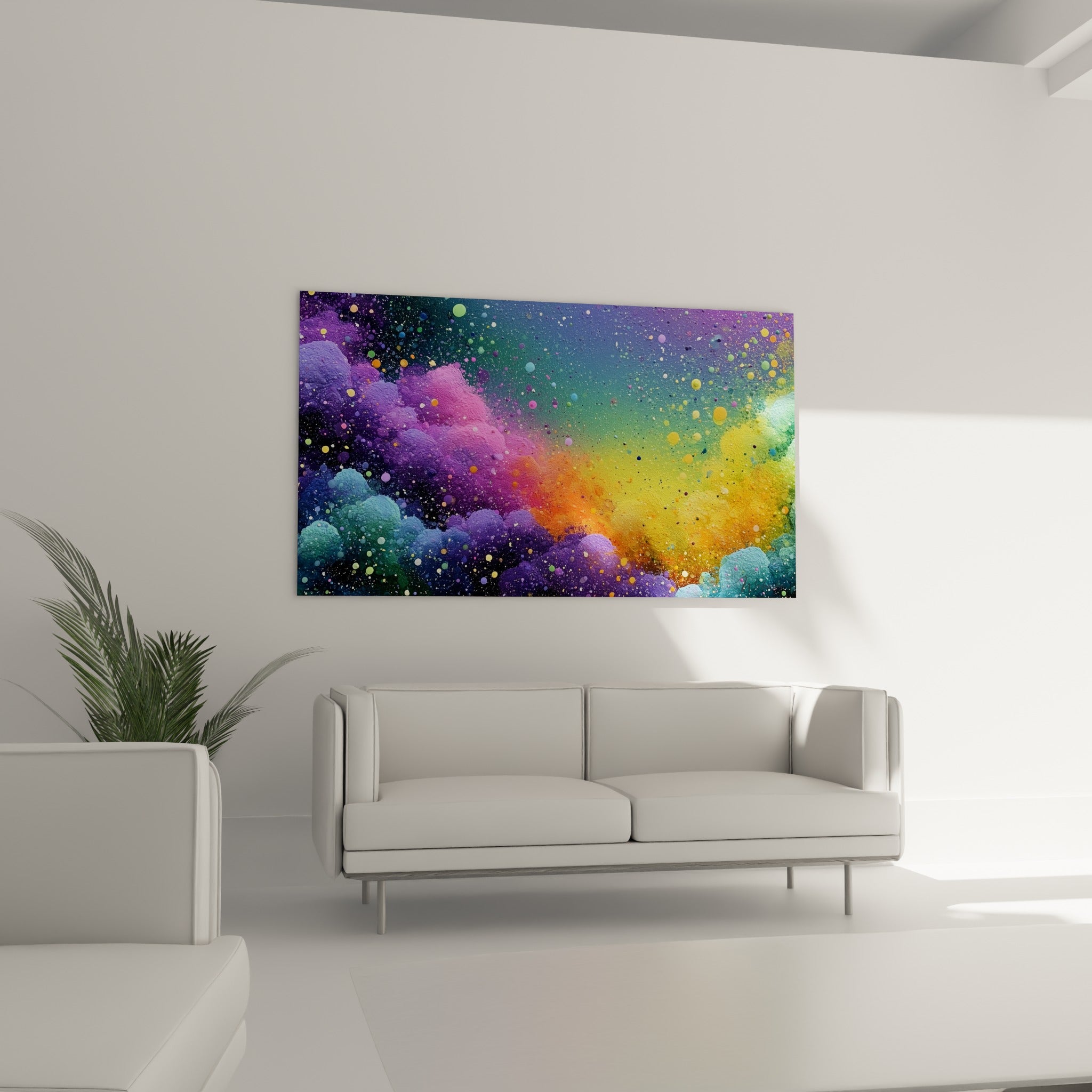 Nuées colorées bleu turquoise et orange doré au-dessus d'un canapé dans un salon lumineux