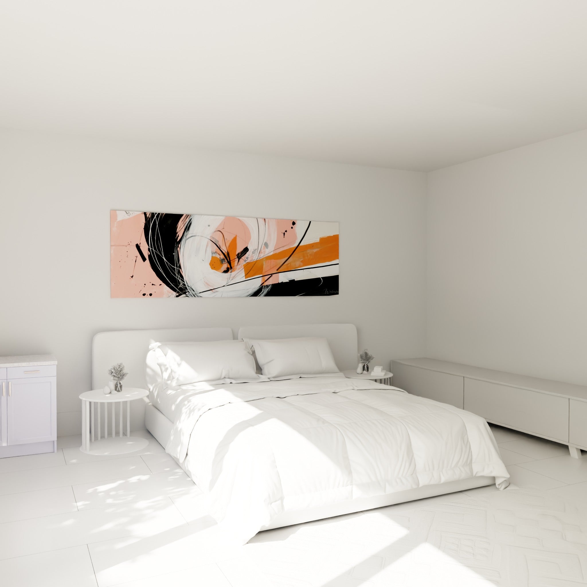 Composition abstraite orange et noire aux traits gestuels, au-dessus d'un lit dans une chambre claire