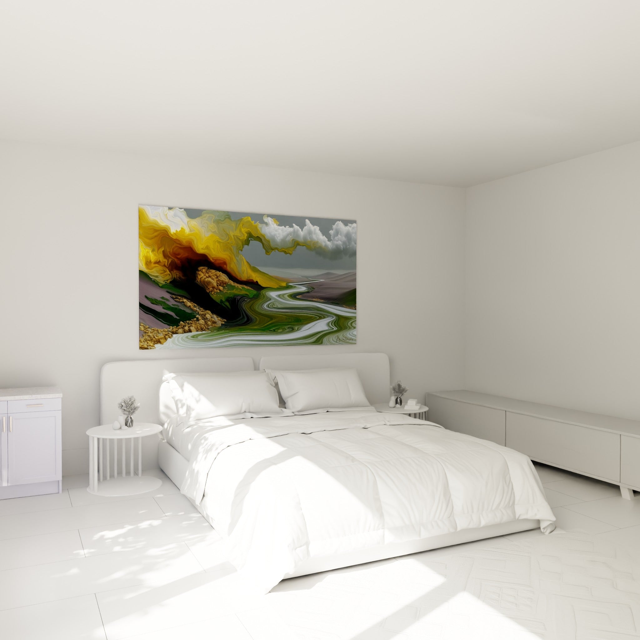 Volutes dorées et vertes en fusion, tableau paysage abstrait au-dessus d'un lit dans une chambre claire