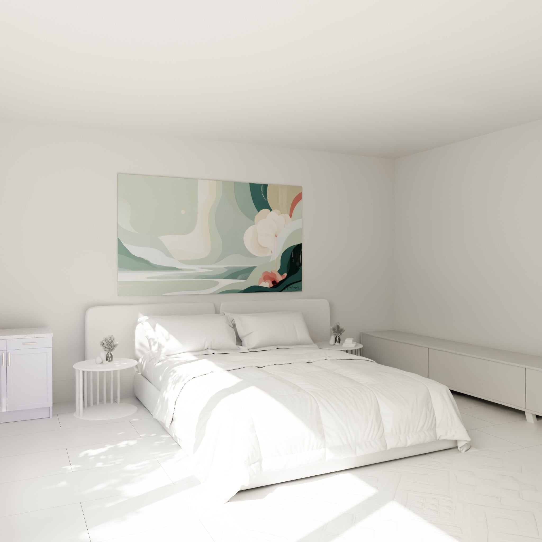 Paysage onirique vert sauge et carminé accroché au-dessus d'un lit dans une chambre claire