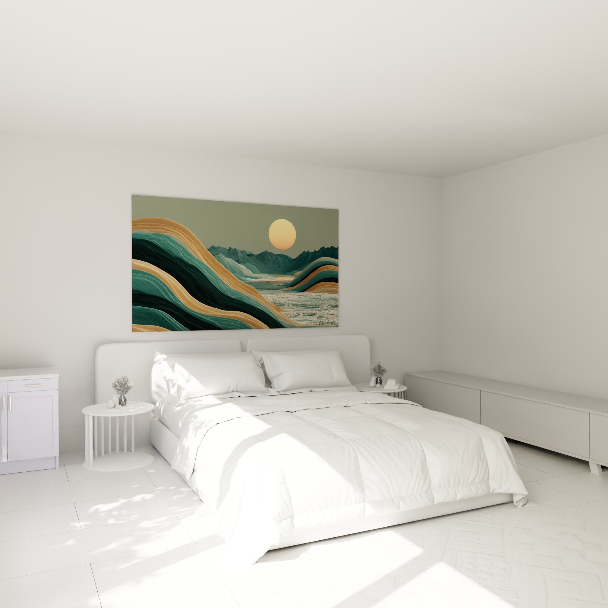 Paysage ondulant vert sarcelle et ocre orné d'un soleil orangé, accroché au-dessus d'un lit dans une chambre claire
