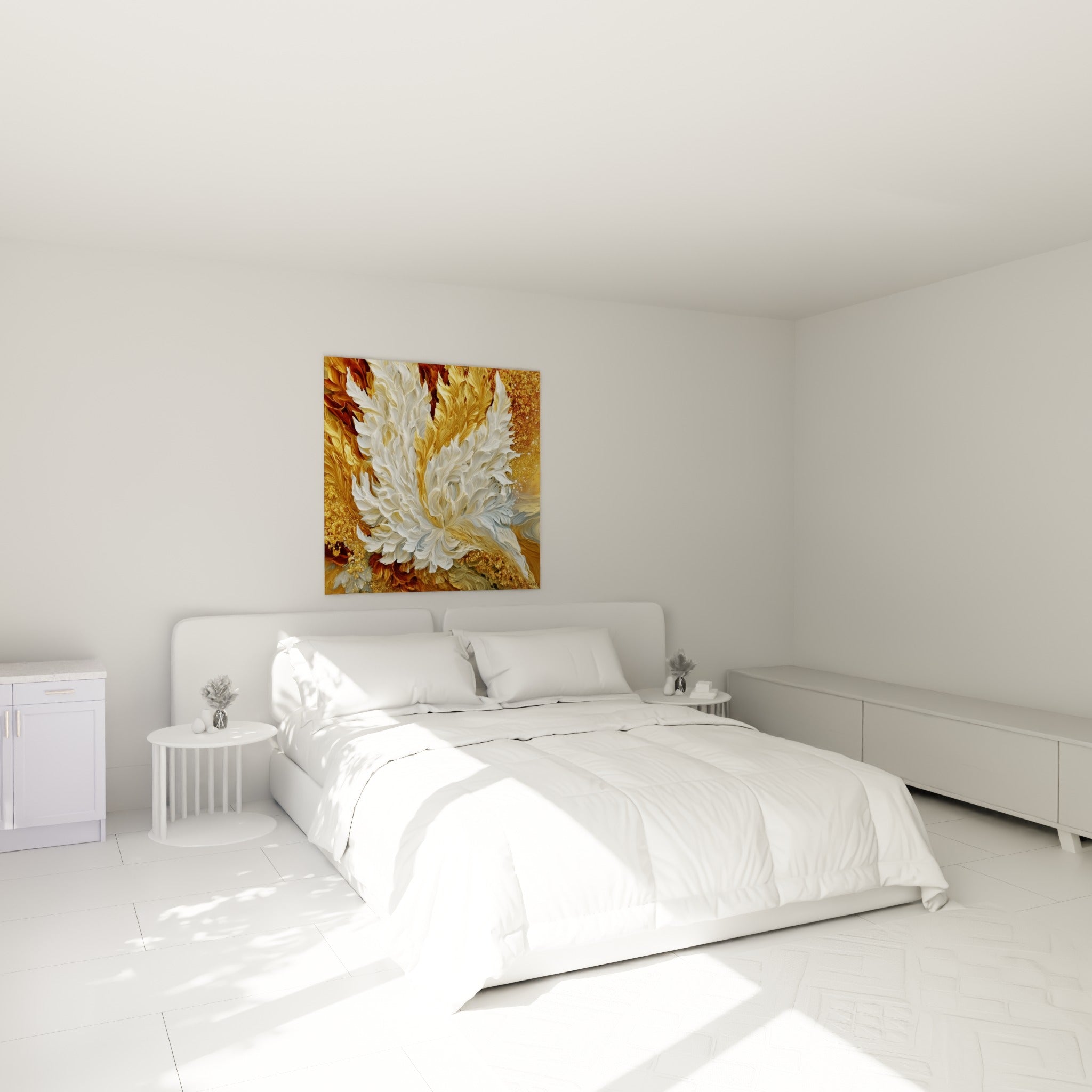 Pétales nacrés et dorés en éclosion, tableau accroché au-dessus d'un lit dans une chambre claire