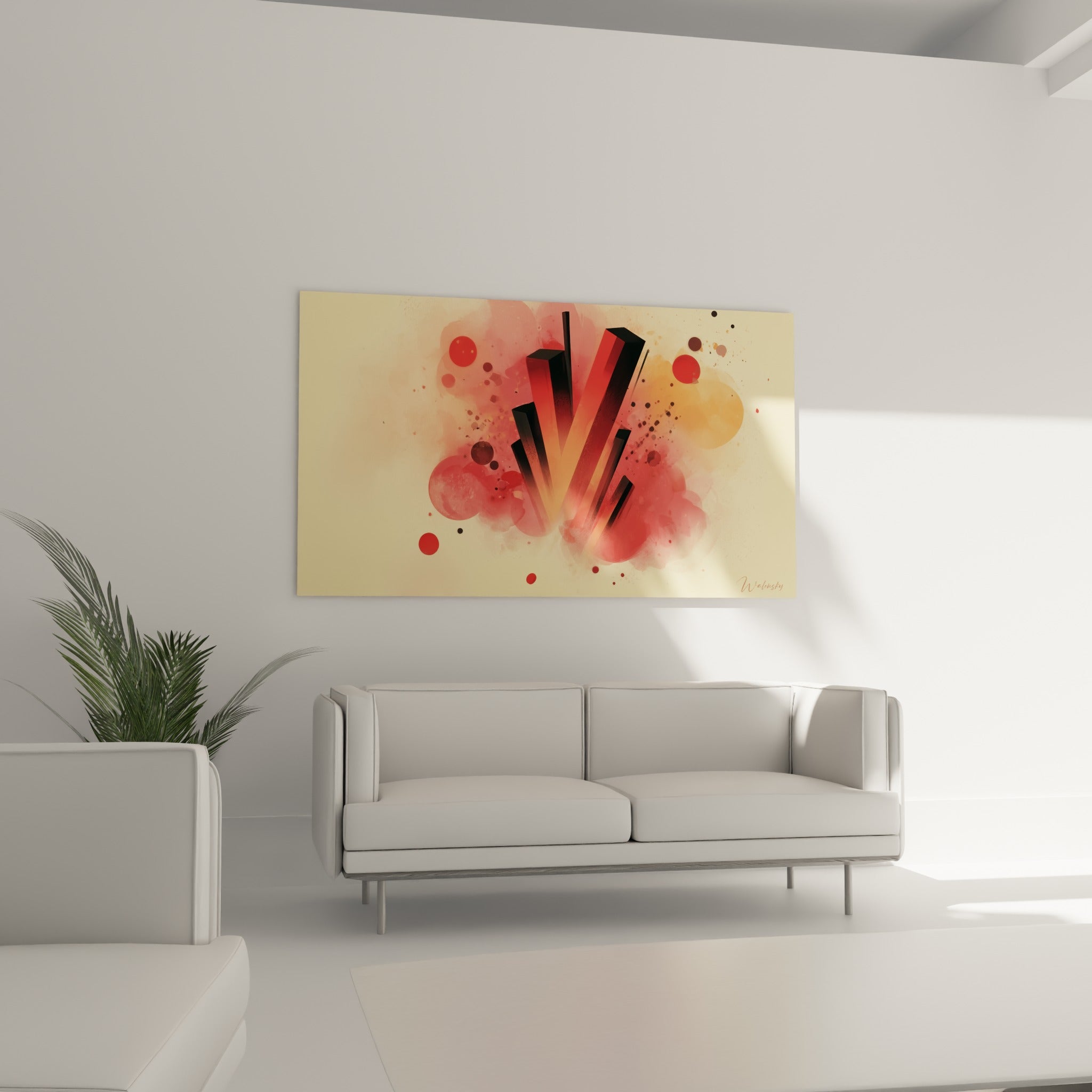 Piliers incandescents rouge et noir du tableau artistique abstrait au-dessus d'un canapé dans un salon lumineux