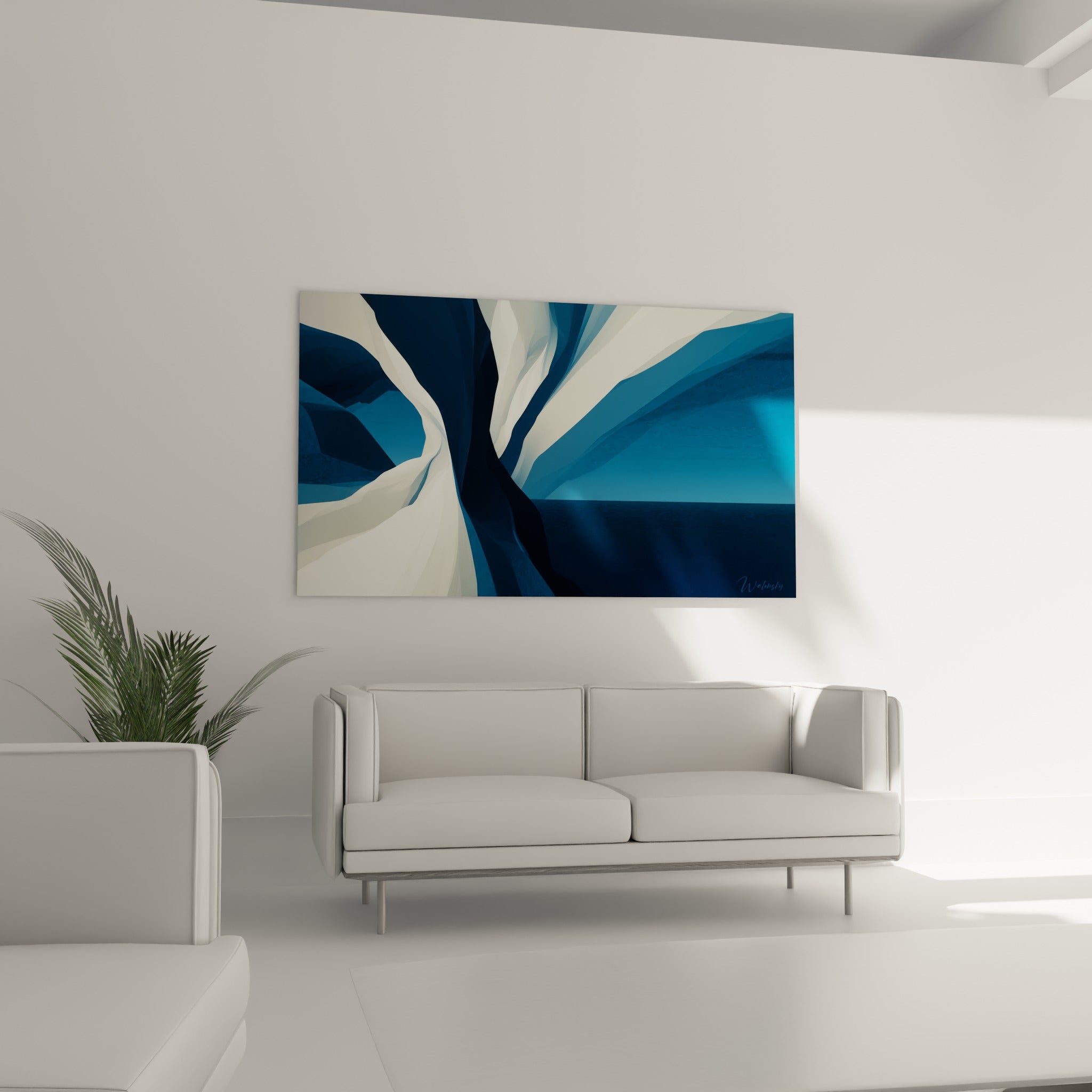 Plis sinueux en bleu marine et gris clair, tableau artistique abstrait au-dessus d'un canapé dans un salon lumineux