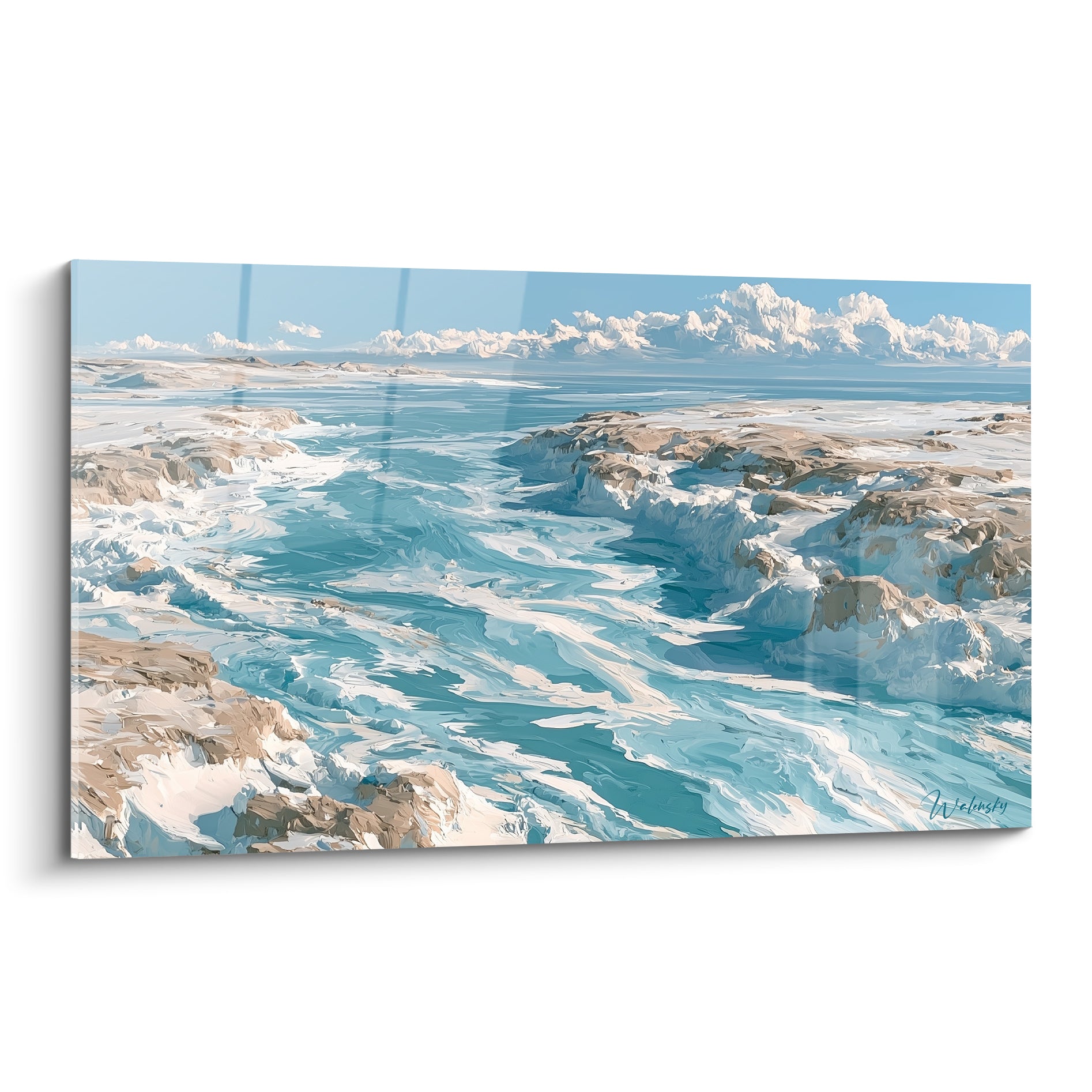 Ravin glacé aux eaux turquoise et roches beige, composition artistique abstraite en plein cadre