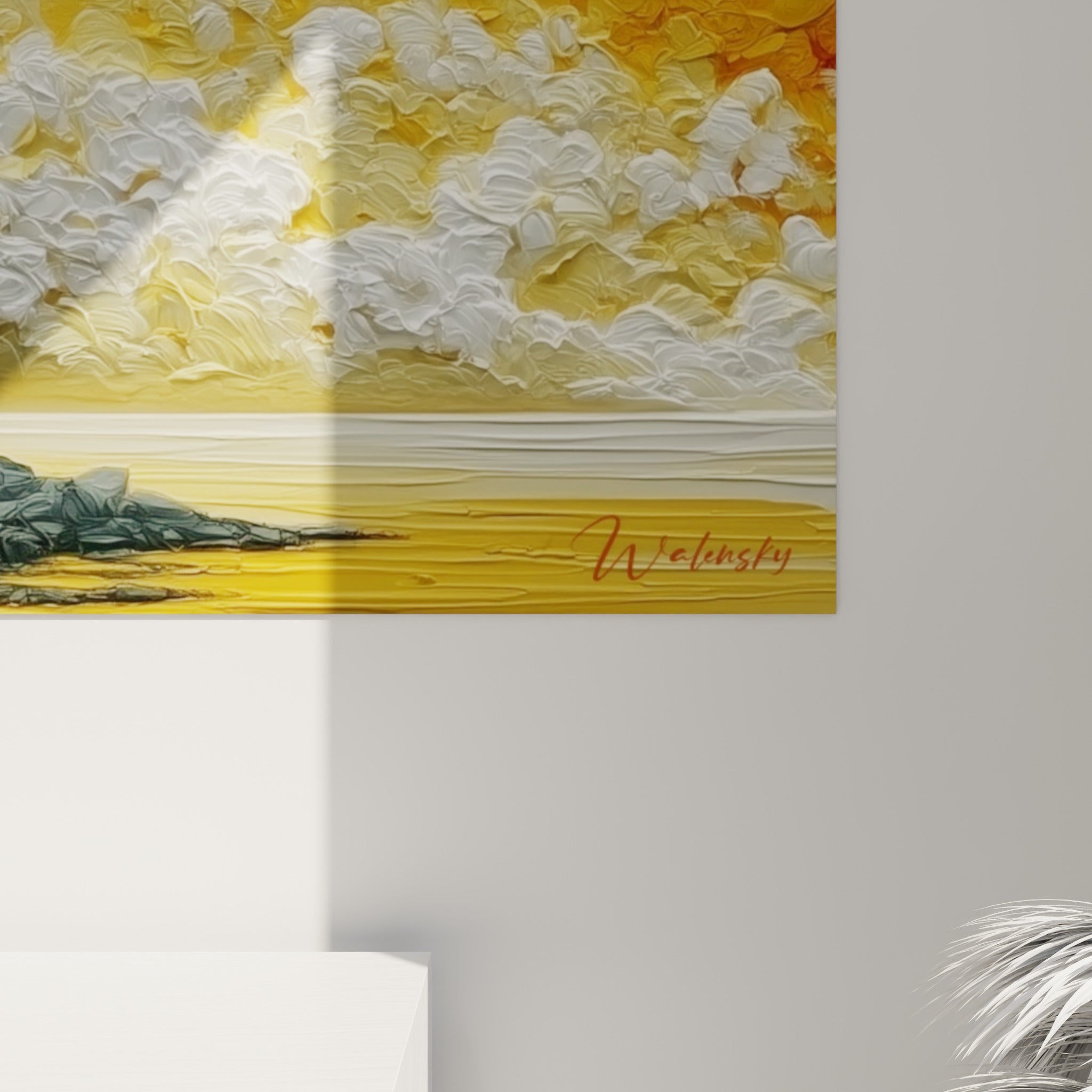 Empâtements blancs et coulures rouge fauve révèlent la matière épaisse de ce tableau artistique abstrait
