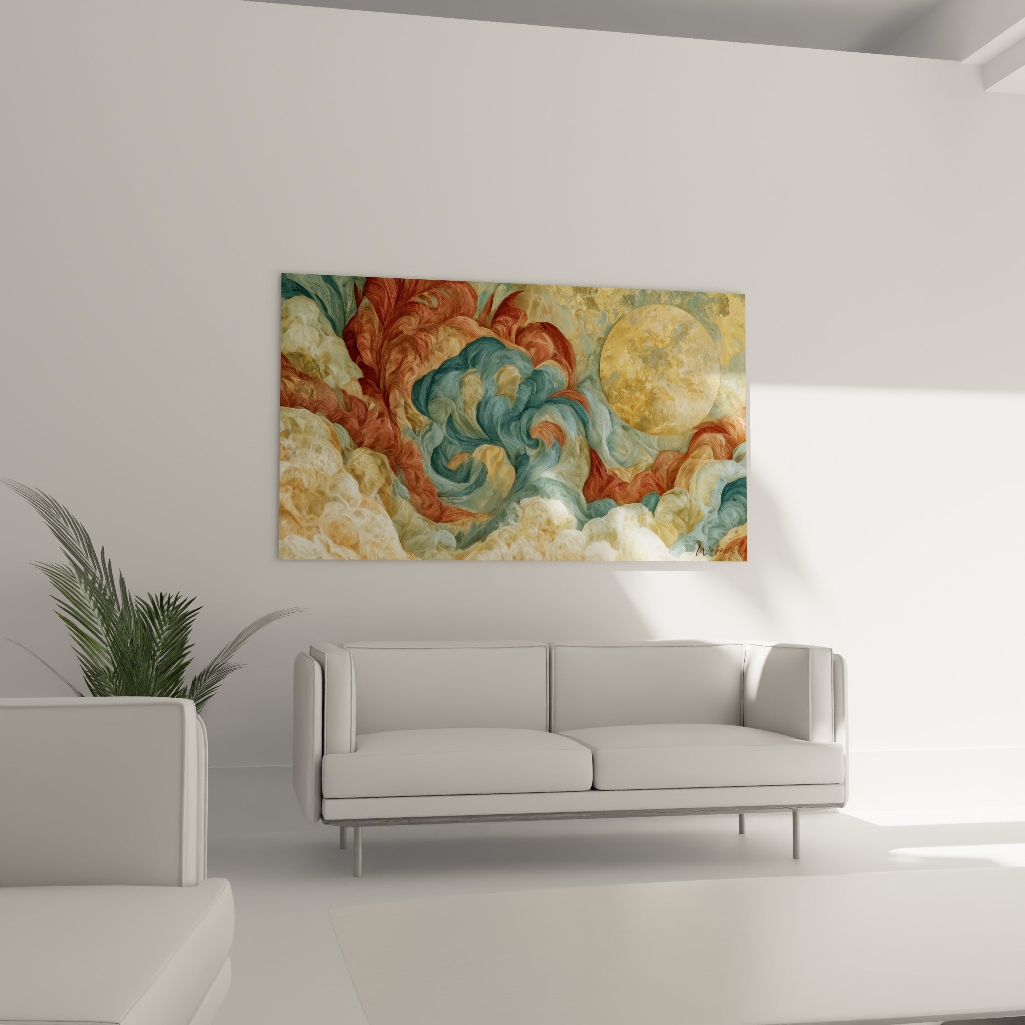 Tourbillon doré et bleu sarcelle sculpté en relief, œuvre accrochée au-dessus d'un canapé dans un salon lumineux