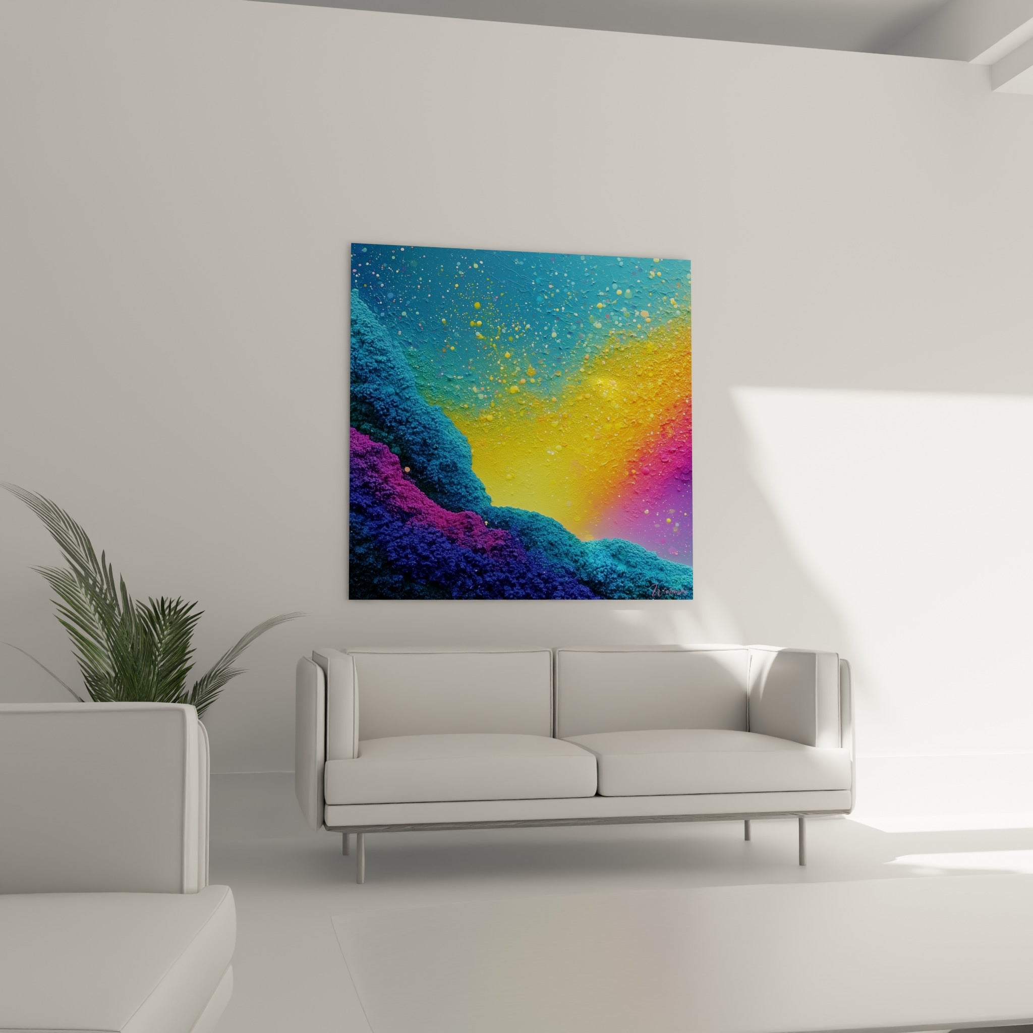 Dégradé violet et doré sur relief sculptural, tableau artistique abstrait au-dessus d'un canapé dans un salon lumineux
