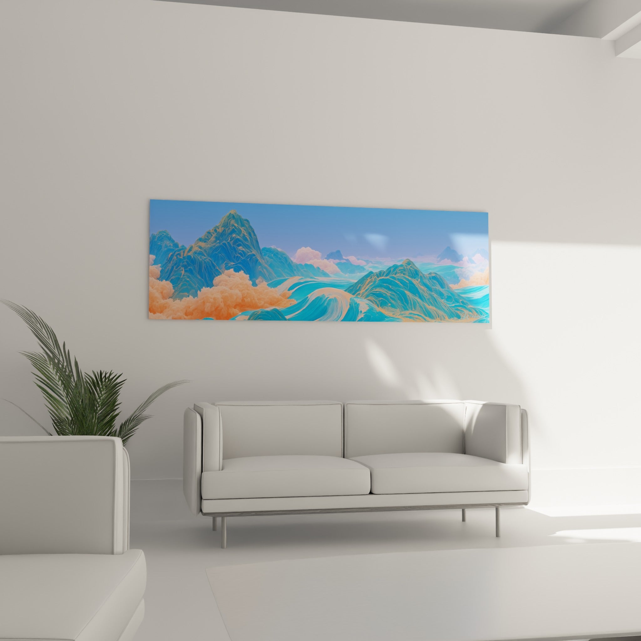 Reliefs bleu ciel et brume pêche entremêlés dans un style pictural fluide, au-dessus d'un canapé dans un salon lumineux