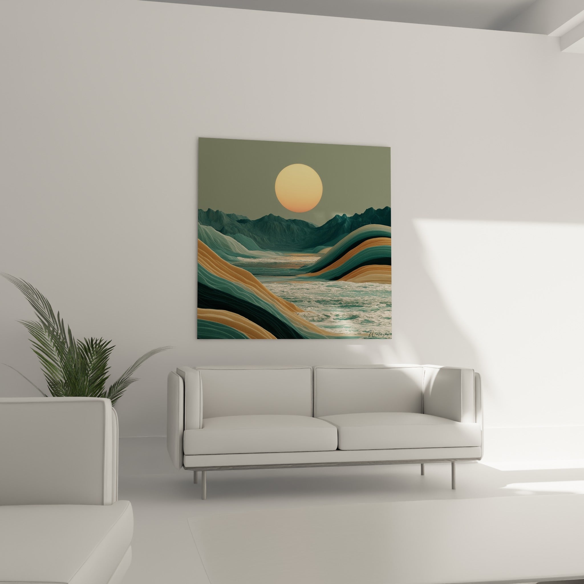 Montagnes anthracite et soleil orangé surplombant des reliefs ocre, au-dessus d'un canapé dans un salon lumineux