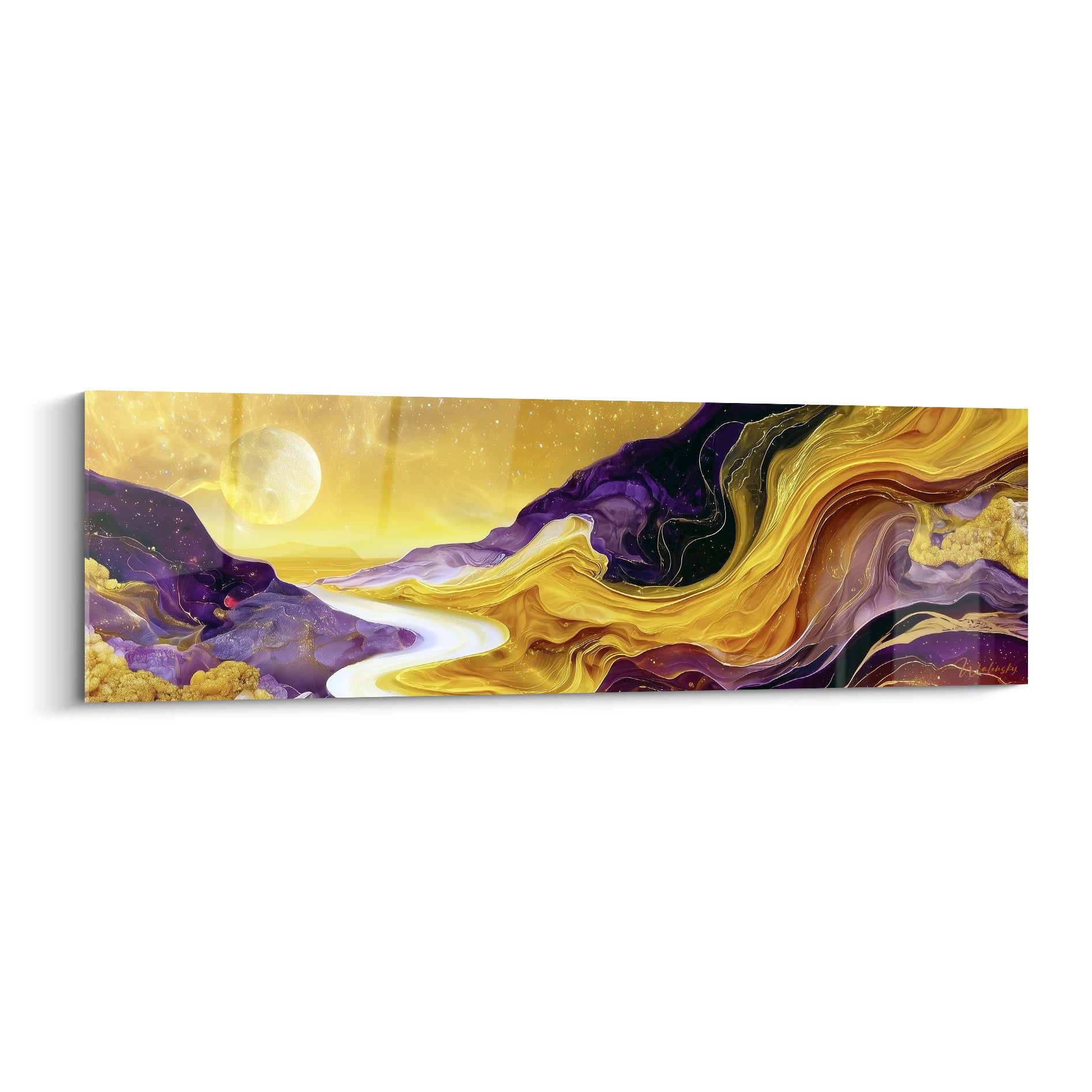 Rivière dorée et montagnes violettes sous une pleine lune, tableau artistique abstrait aux textures marbrées